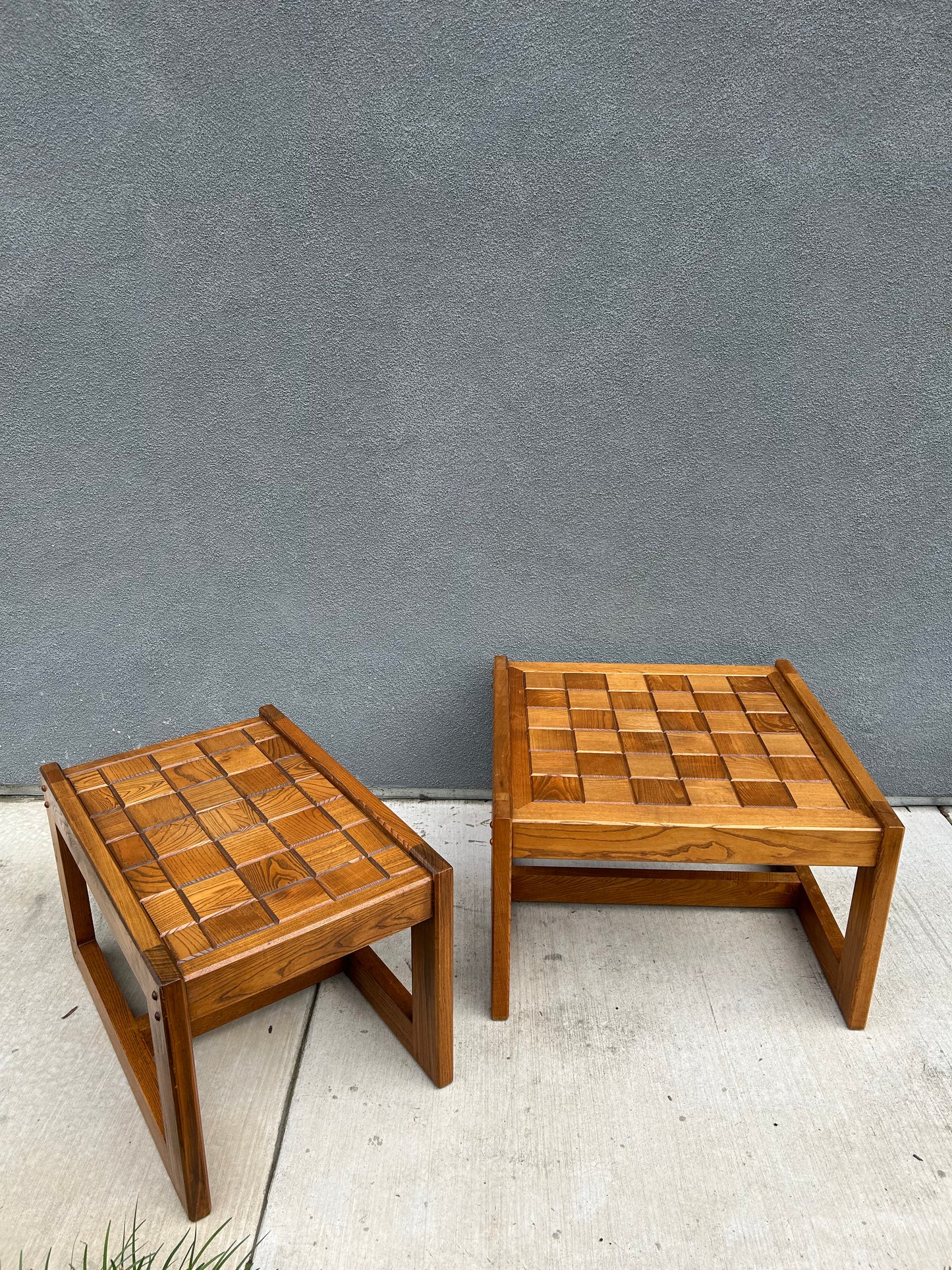 2 Vintage Checkered Oak Side or Coffee Tables