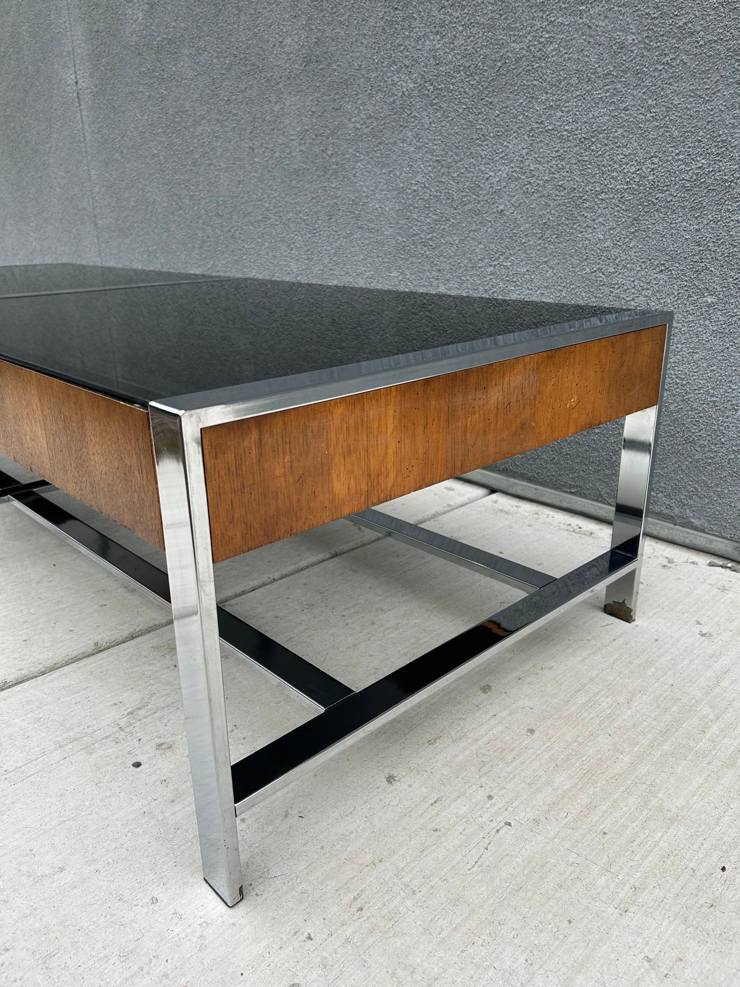 Mid Century Walnut Chrome and Smoked Glass Coffee Table