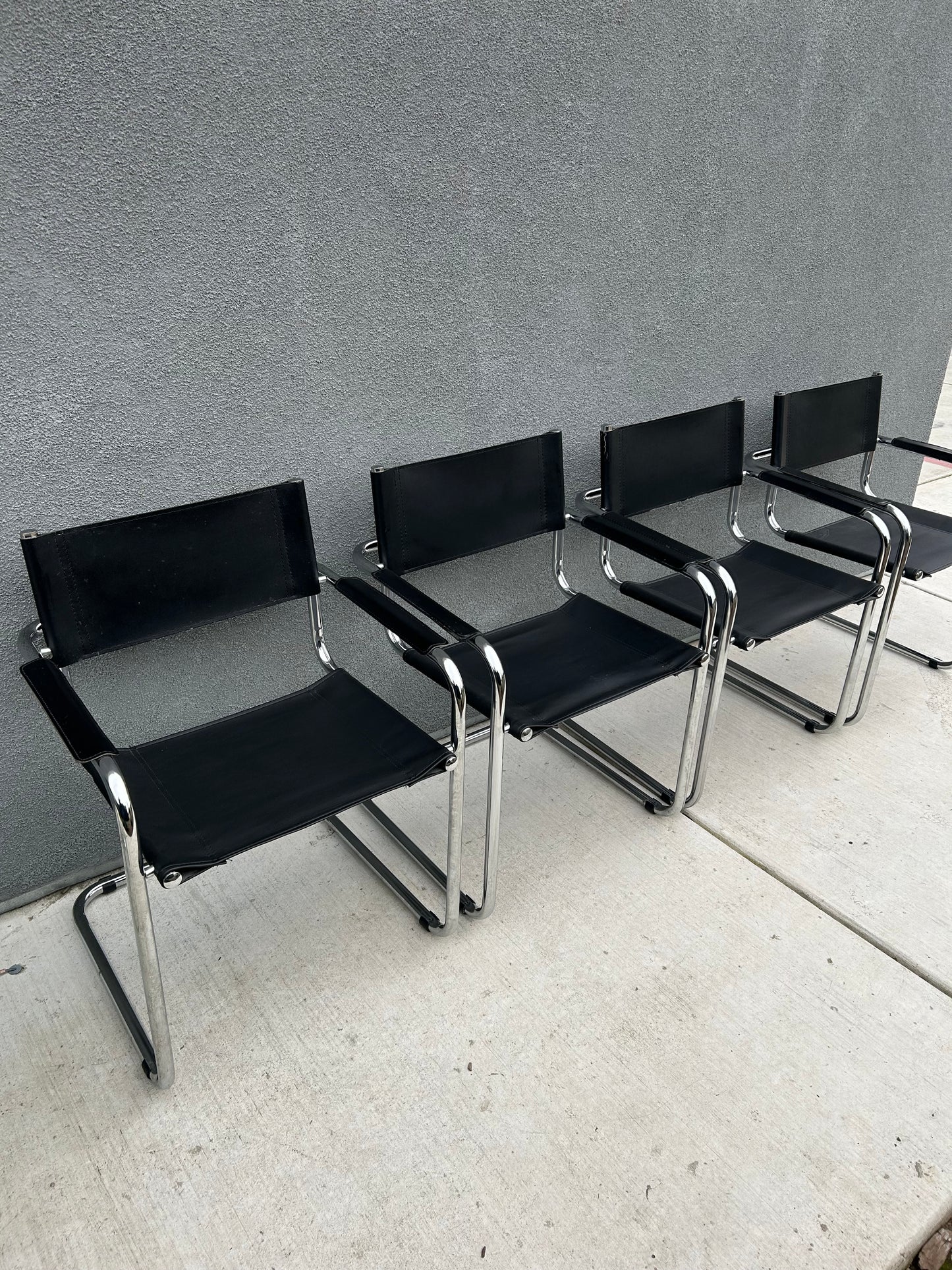 Mart Stam Marcel Breuer S34 Style Bauhaus Cantilever Chrome Black Leather Dining Armchairs, Made in Italy - Set of 4