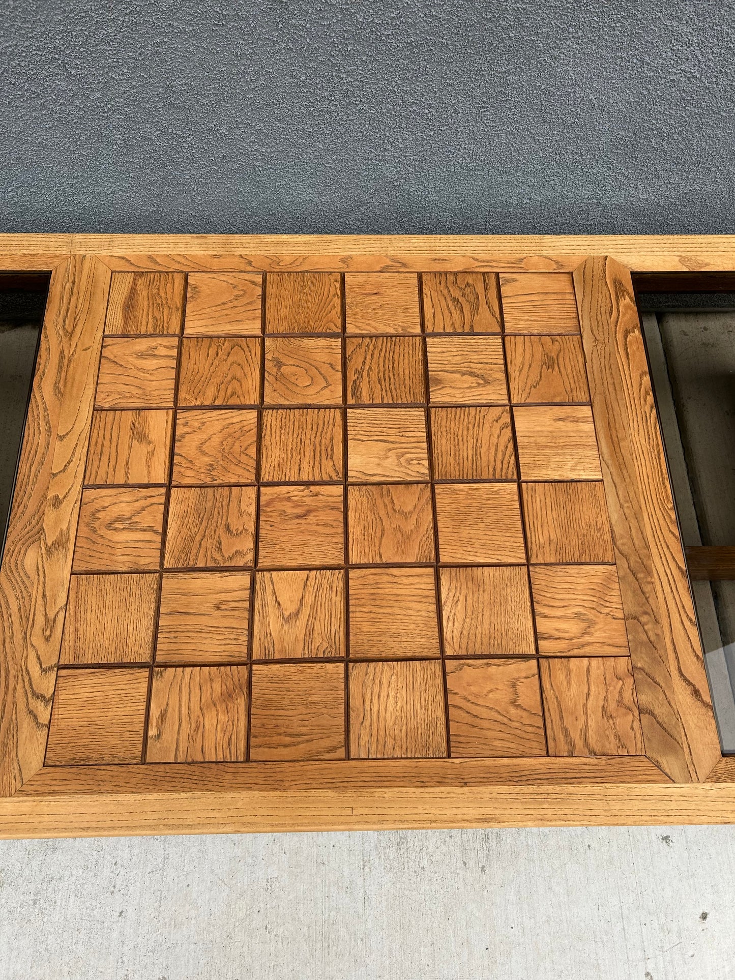 Large Vintage Checkered Oak Coffee Table with Smokey Grey Glass