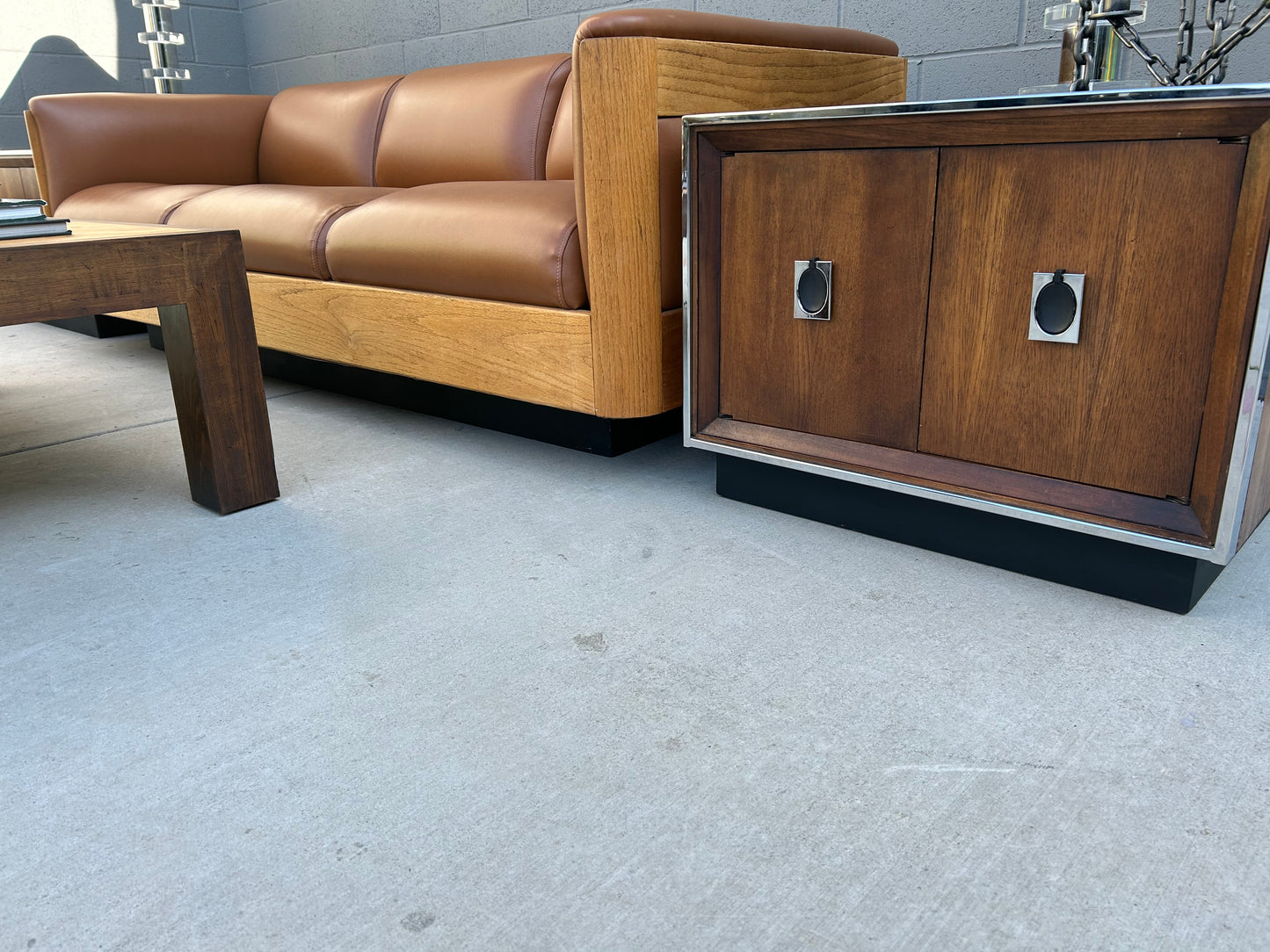 Custom Leather and Oak Sofa with Plinth Base, circa 1970s