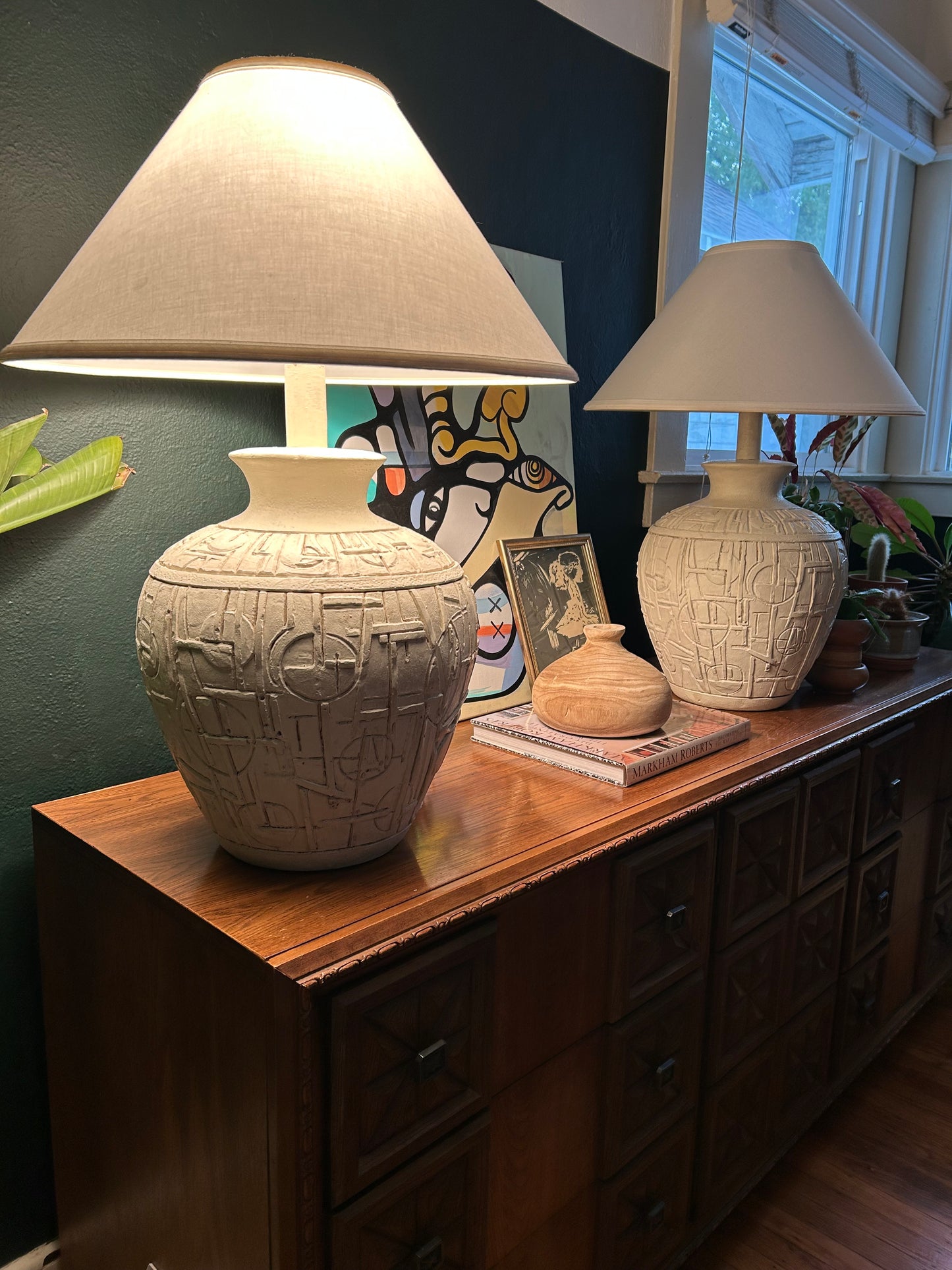 (2) Brutalist Abstract Post Modern Ceramic Table Lamps with Modern Shades