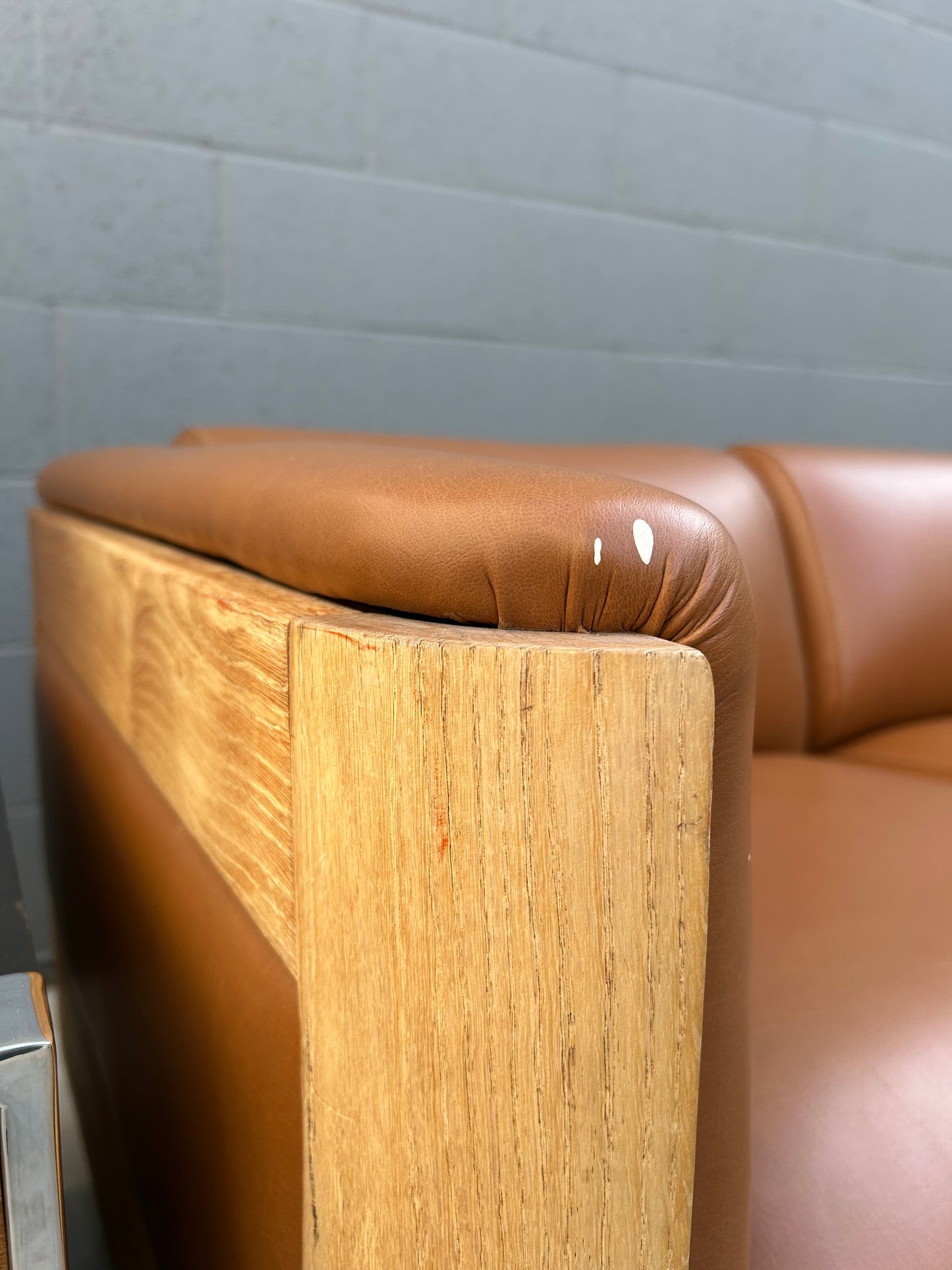 Custom Leather and Oak Sofa with Plinth Base, circa 1970s
