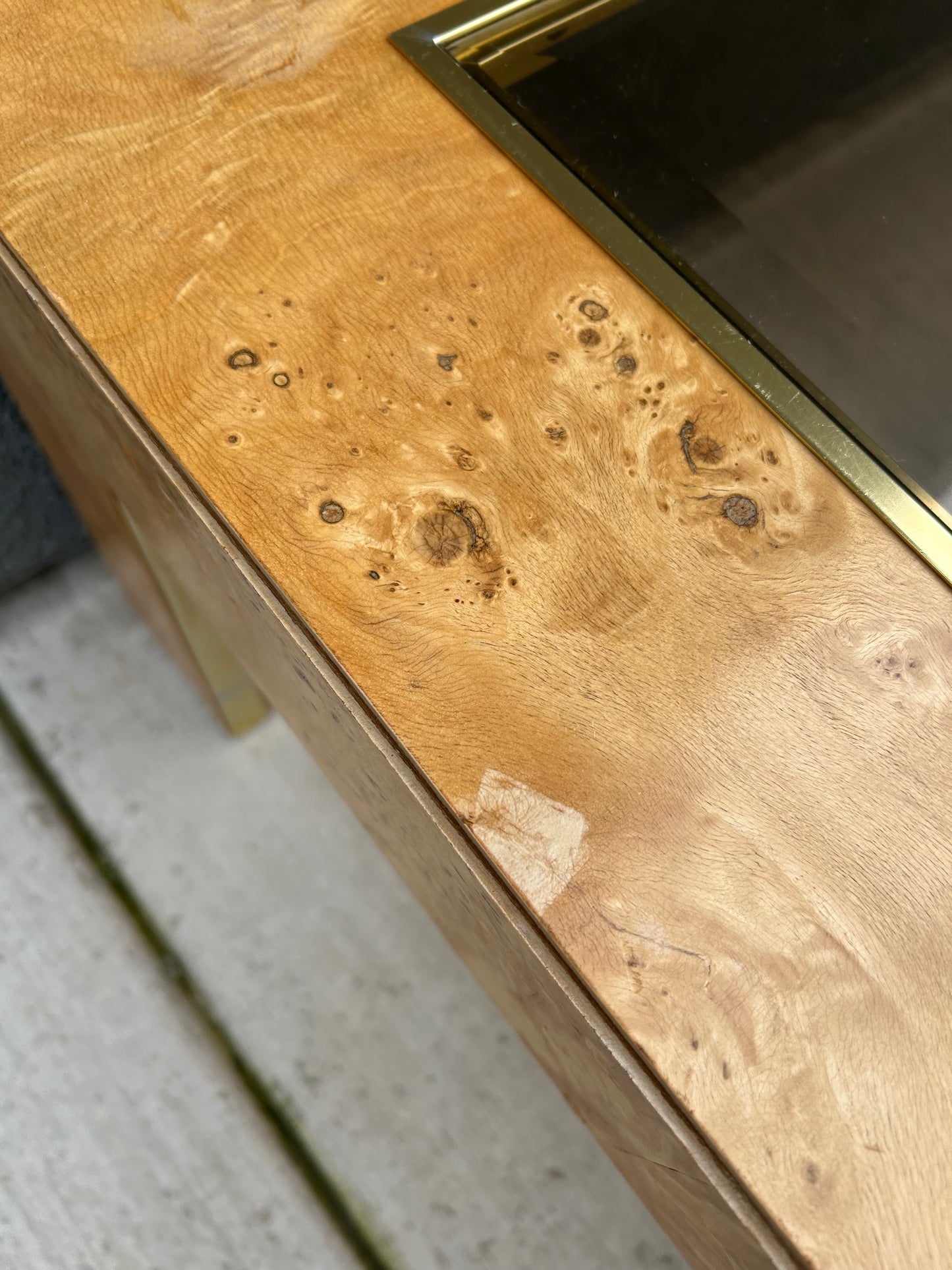 Mid Century Modern Burl Wood Veneer Smoked Glass and Gold Coffee Table by Thomasville