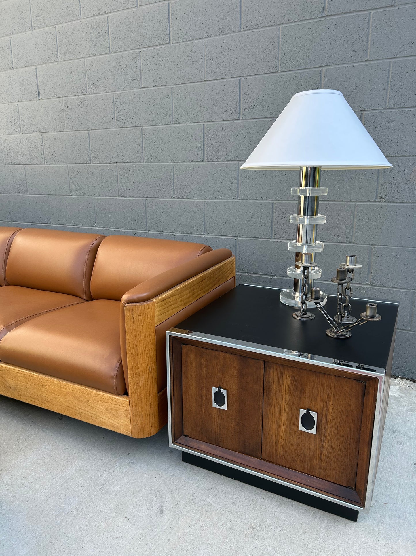 2 Mid Century Modern Lane Plinth Base Walnut and Chrome Cabinet End Tables Side Tables, circa 1960s