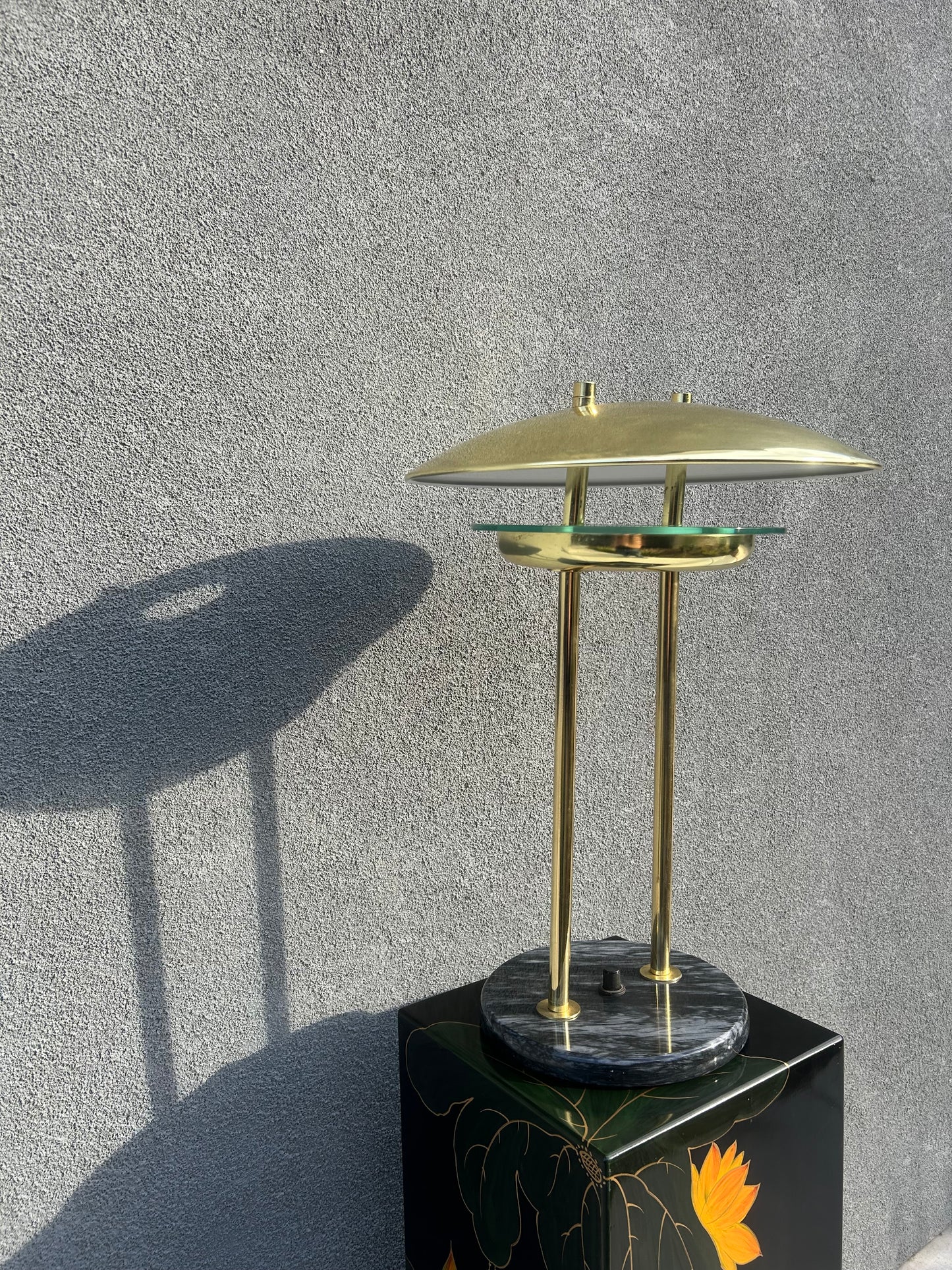 Vintage Post Modern UFO Gold Chrome Marble Base Table Lamp