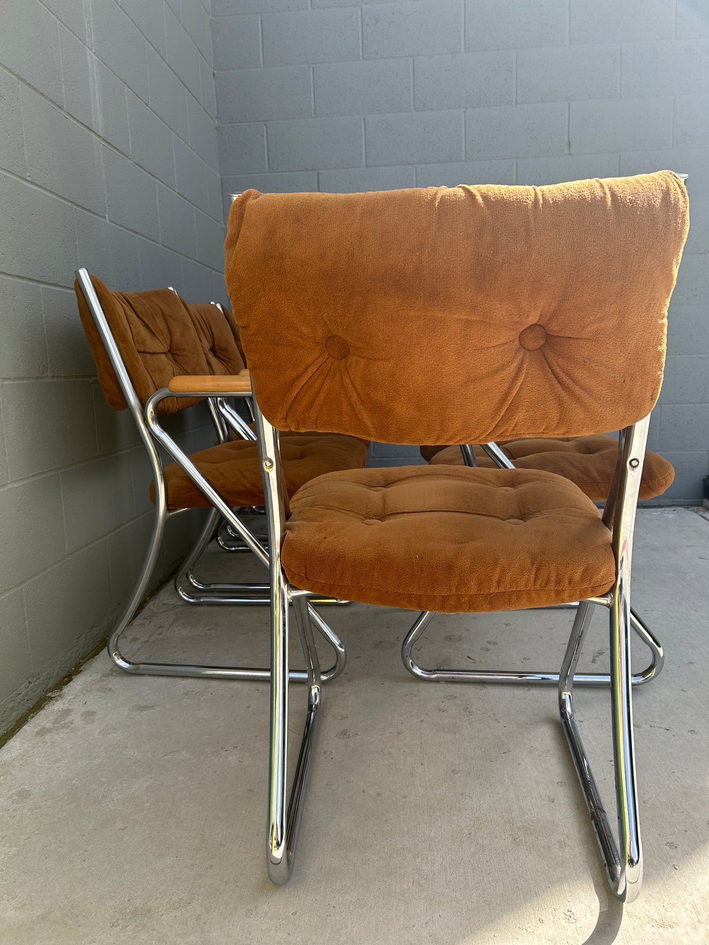 Daystrom Tubular Chrome Velvet Dining Armchairs