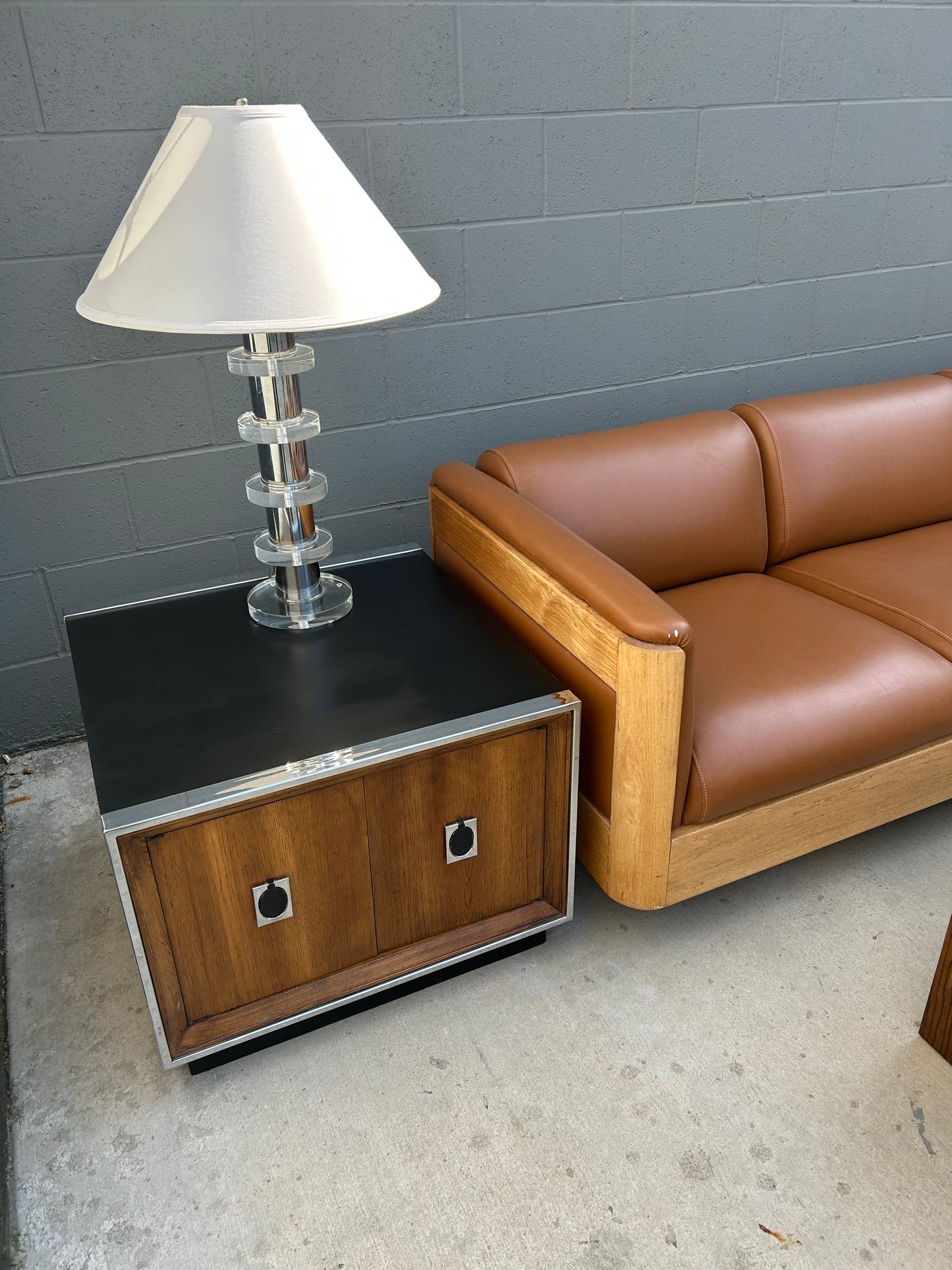 2 Mid Century Modern Lane Plinth Base Walnut and Chrome Cabinet End Tables Side Tables, circa 1960s