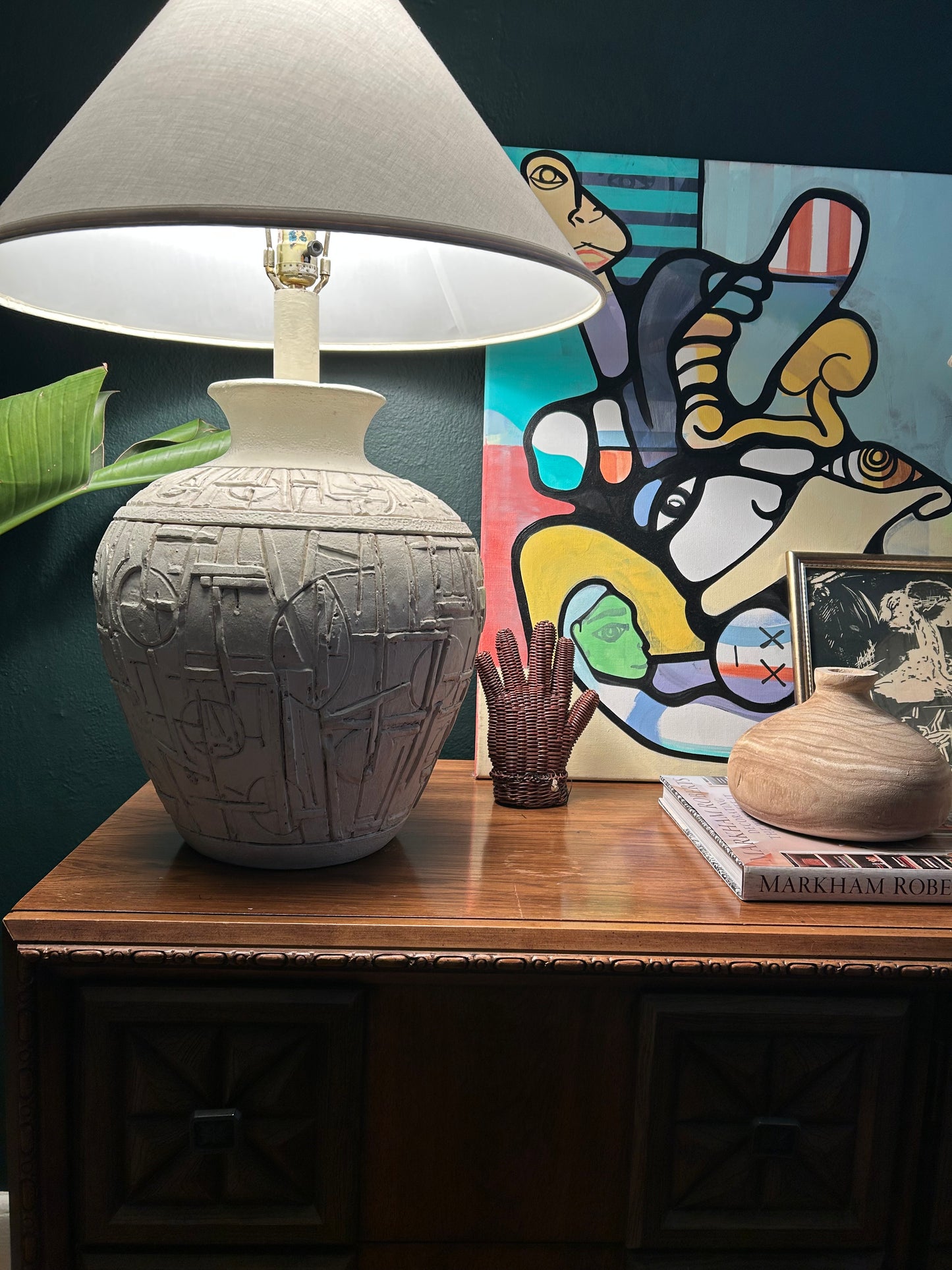 (2) Brutalist Abstract Post Modern Ceramic Table Lamps with Modern Shades