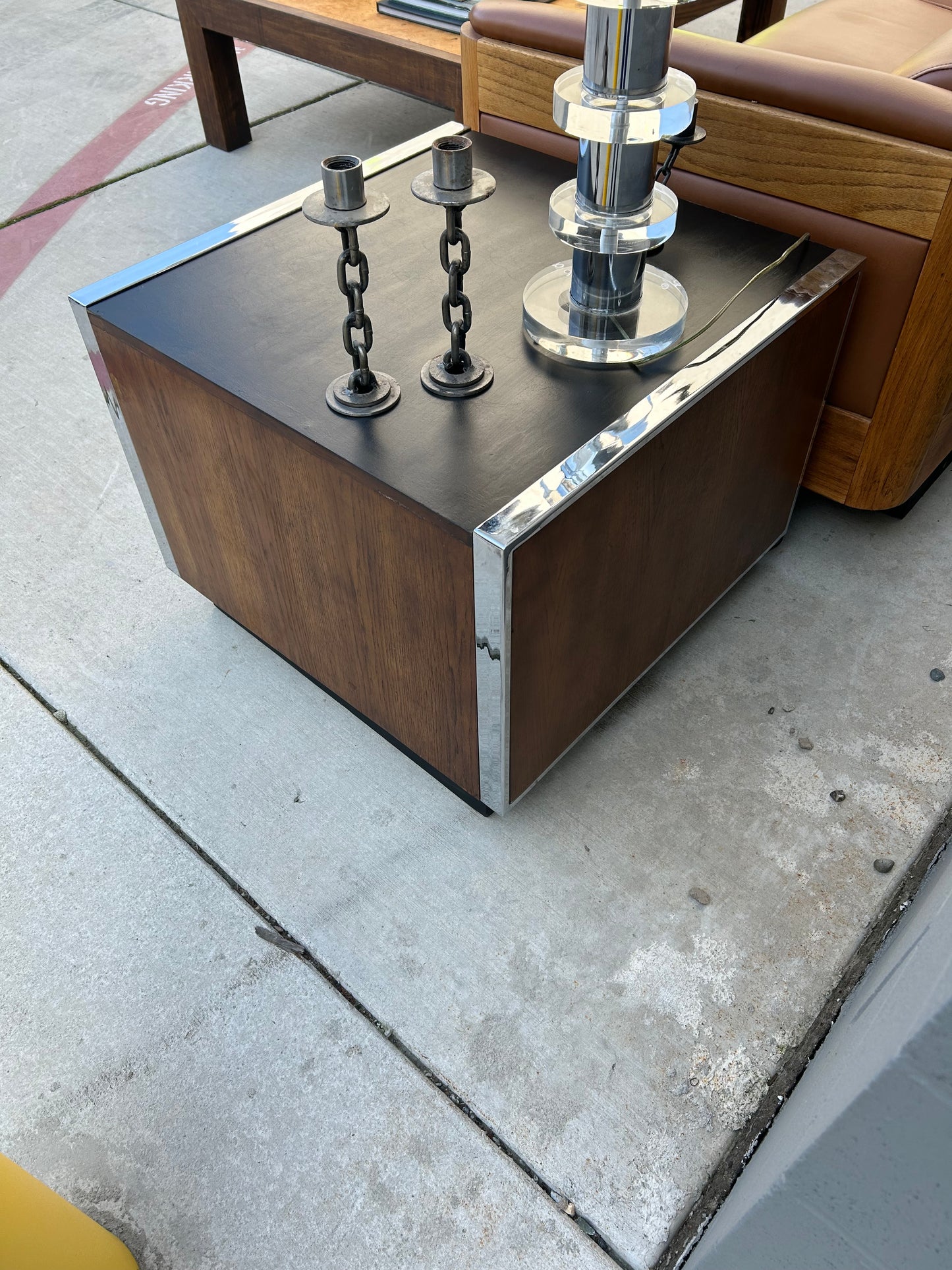 2 Mid Century Modern Lane Plinth Base Walnut and Chrome Cabinet End Tables Side Tables, circa 1960s