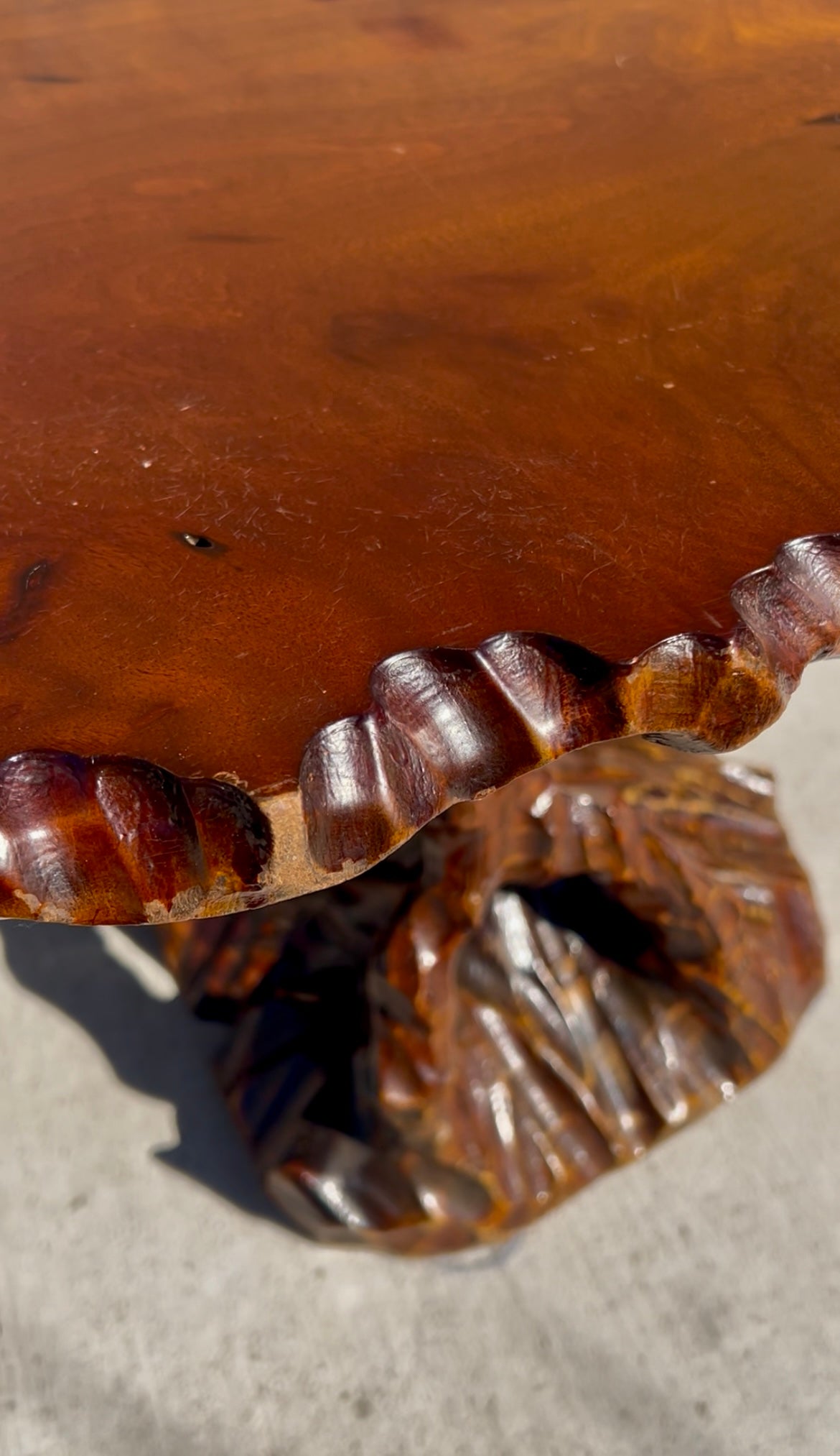 Hand Carved Redwood Pedestal Coffee Table, Circa 1960s