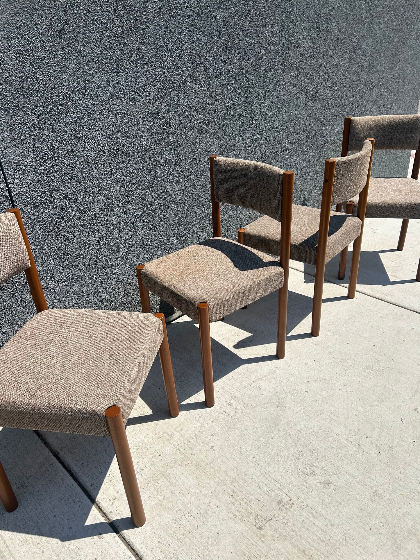 Vintage Teak and Wool Upholstered Danish Style Dining Chairs, Circa 1980s