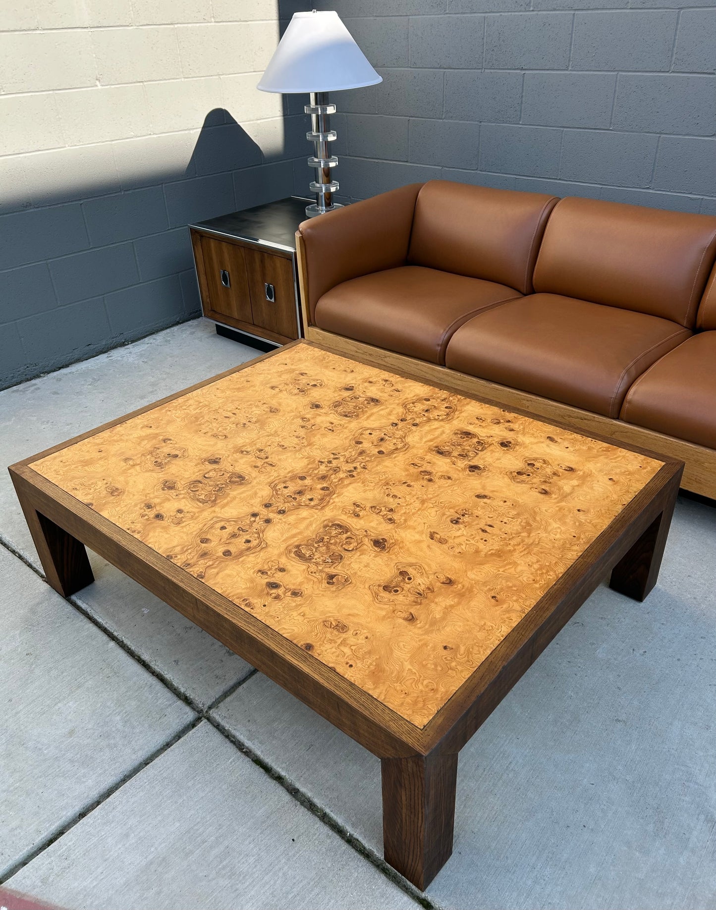 Large Mappa Burl and Oak Parsons Coffee Table, circa 1970s