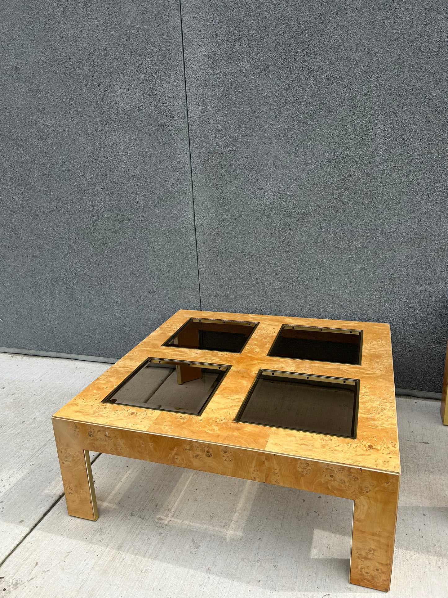 Mid Century Modern Burl Wood Veneer Smoked Glass and Gold Coffee Table by Thomasville
