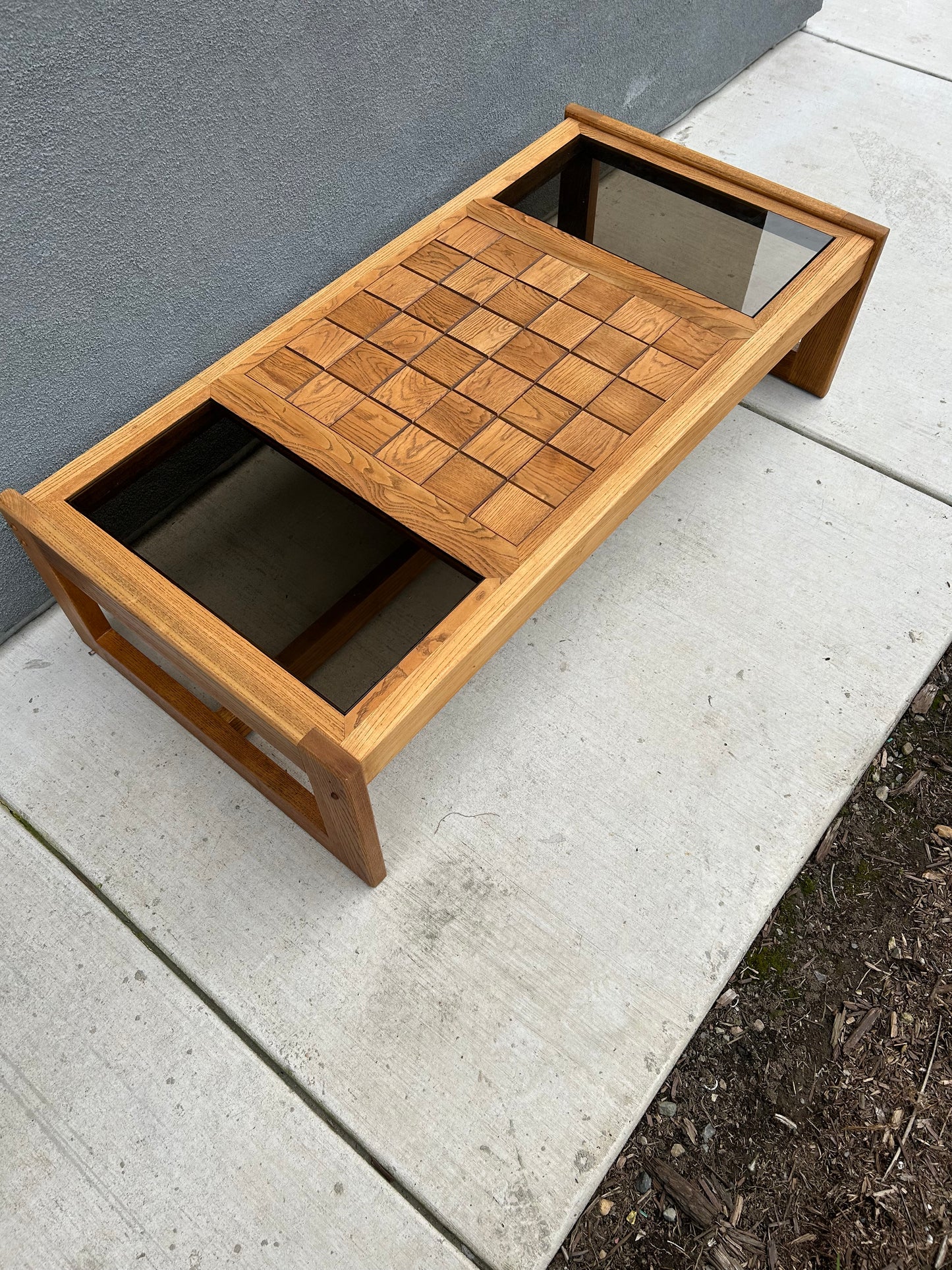 Large Vintage Checkered Oak Coffee Table with Smokey Grey Glass