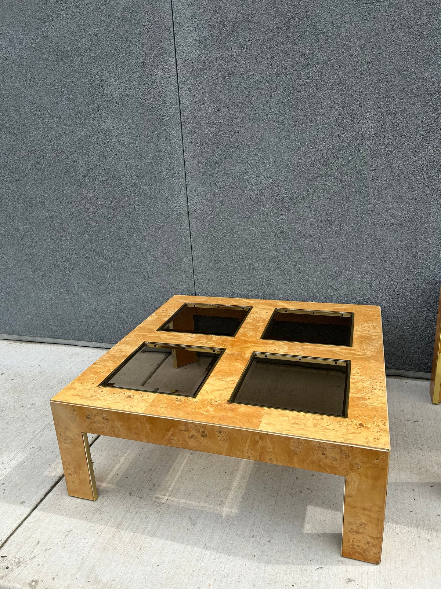 Mid Century Modern Burl Wood Veneer Smoked Glass and Gold Coffee Table by Thomasville