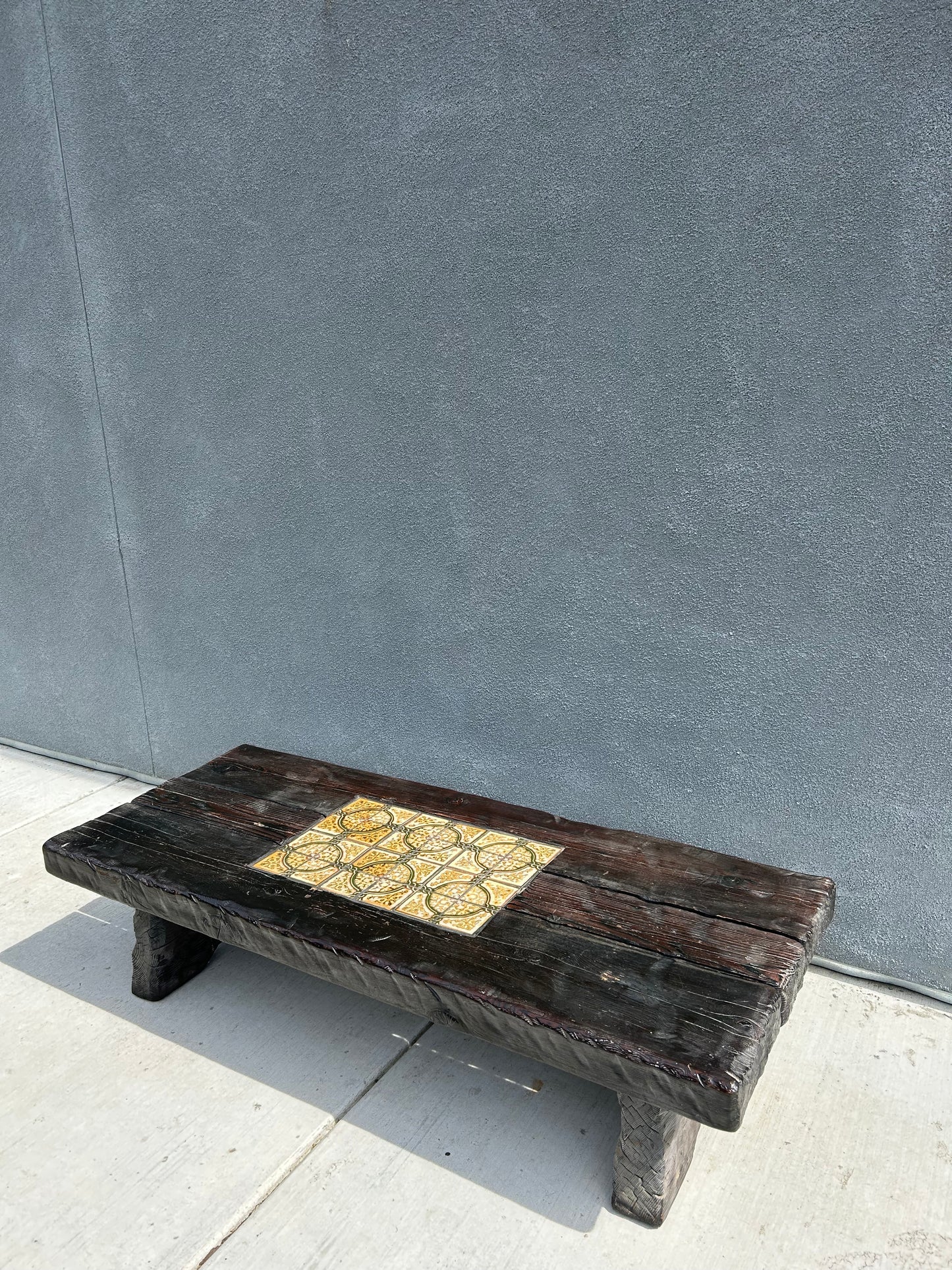 Mid-Century Brutalist Tiled and Solid Wood Coffee Table/Bench, Circa 1970s