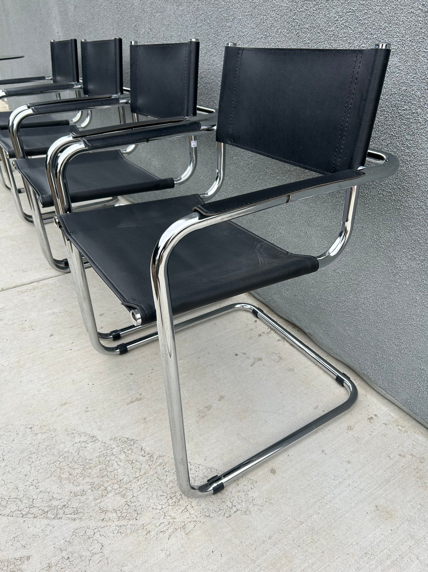 Mart Stam Marcel Breuer S34 Style Bauhaus Cantilever Chrome Black Leather Dining Armchairs, Made in Italy - Set of 4