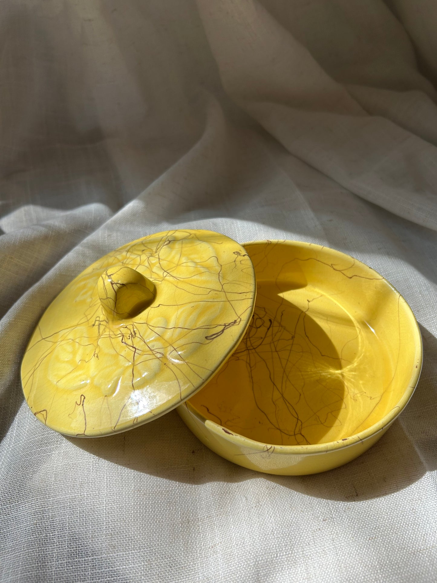 Vintage Mid Century Yellow Splatter Dish with Lid