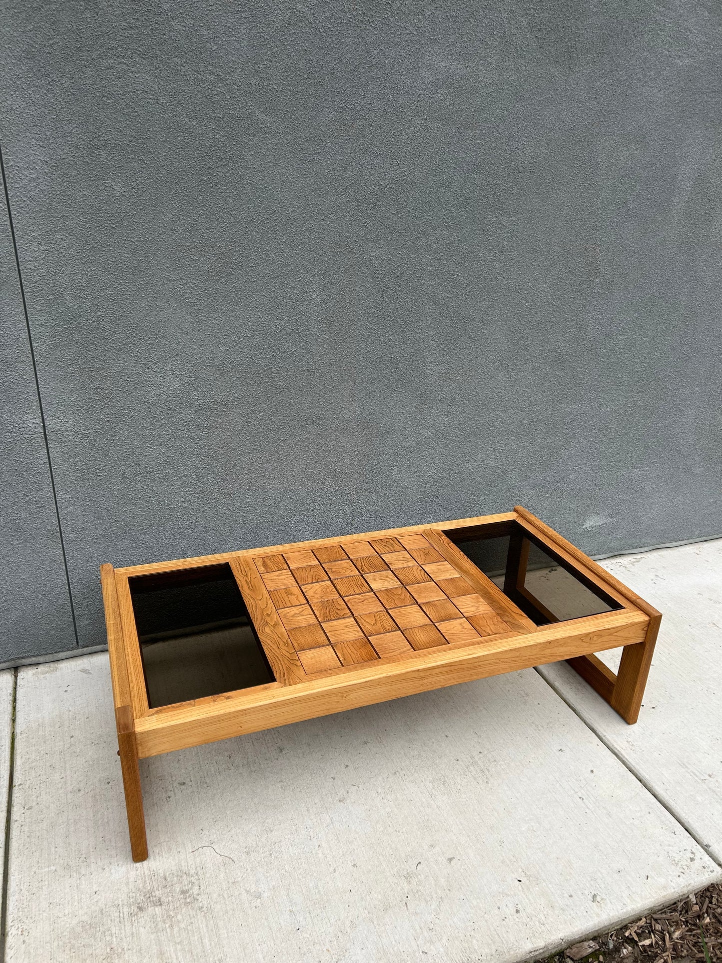 Large Vintage Checkered Oak Coffee Table with Smokey Grey Glass