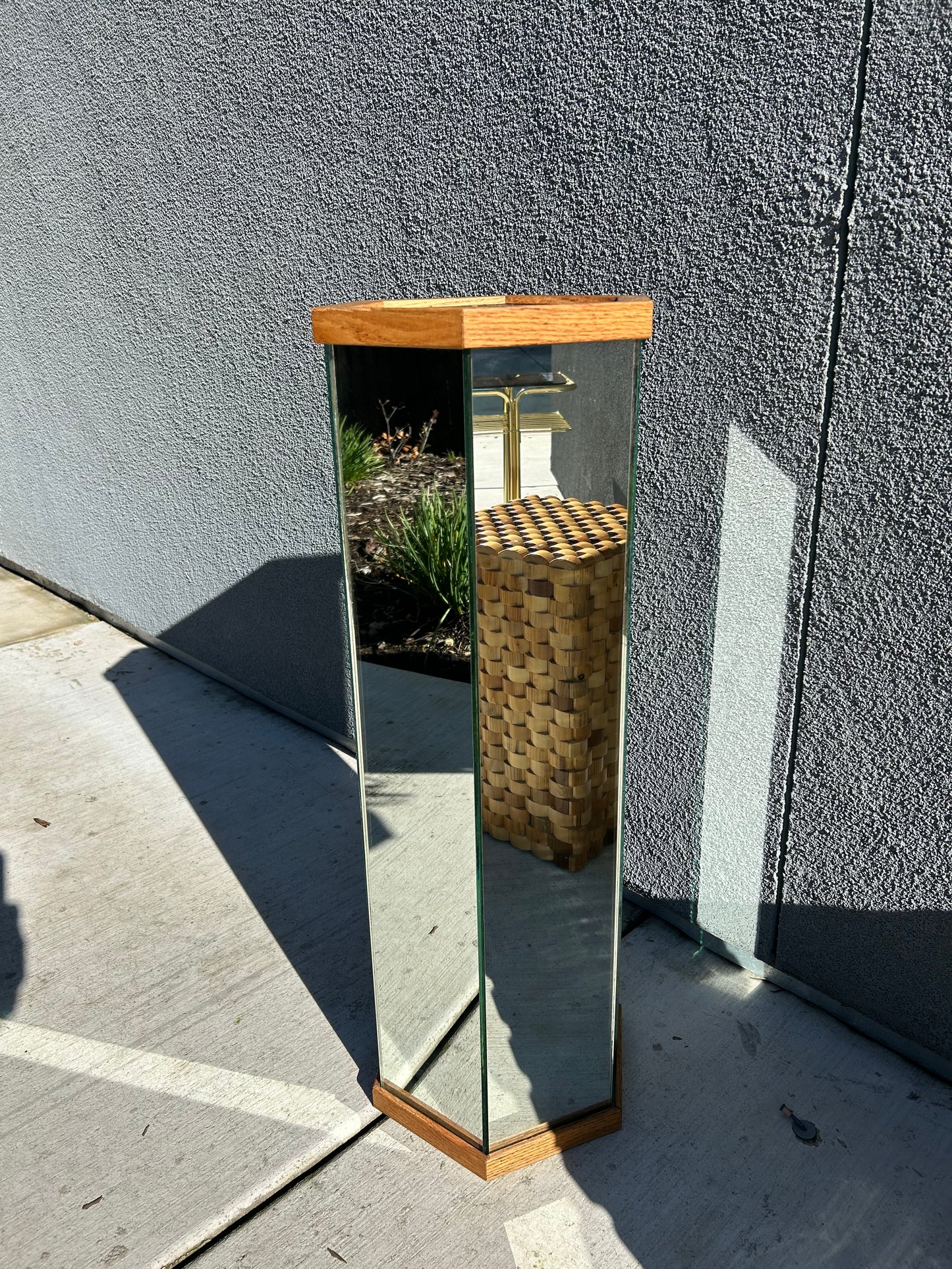 Mirrored Post Modern Hexagonal Glass and Oak Pedestal, circa 1980s