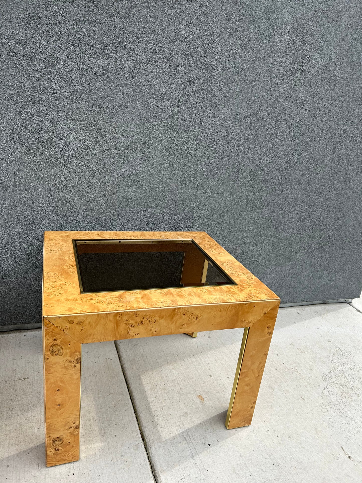 Mid Century Modern Burl Wood Veneer Smoked Glass and Gold Side Table by Thomasville, Circa 1970s