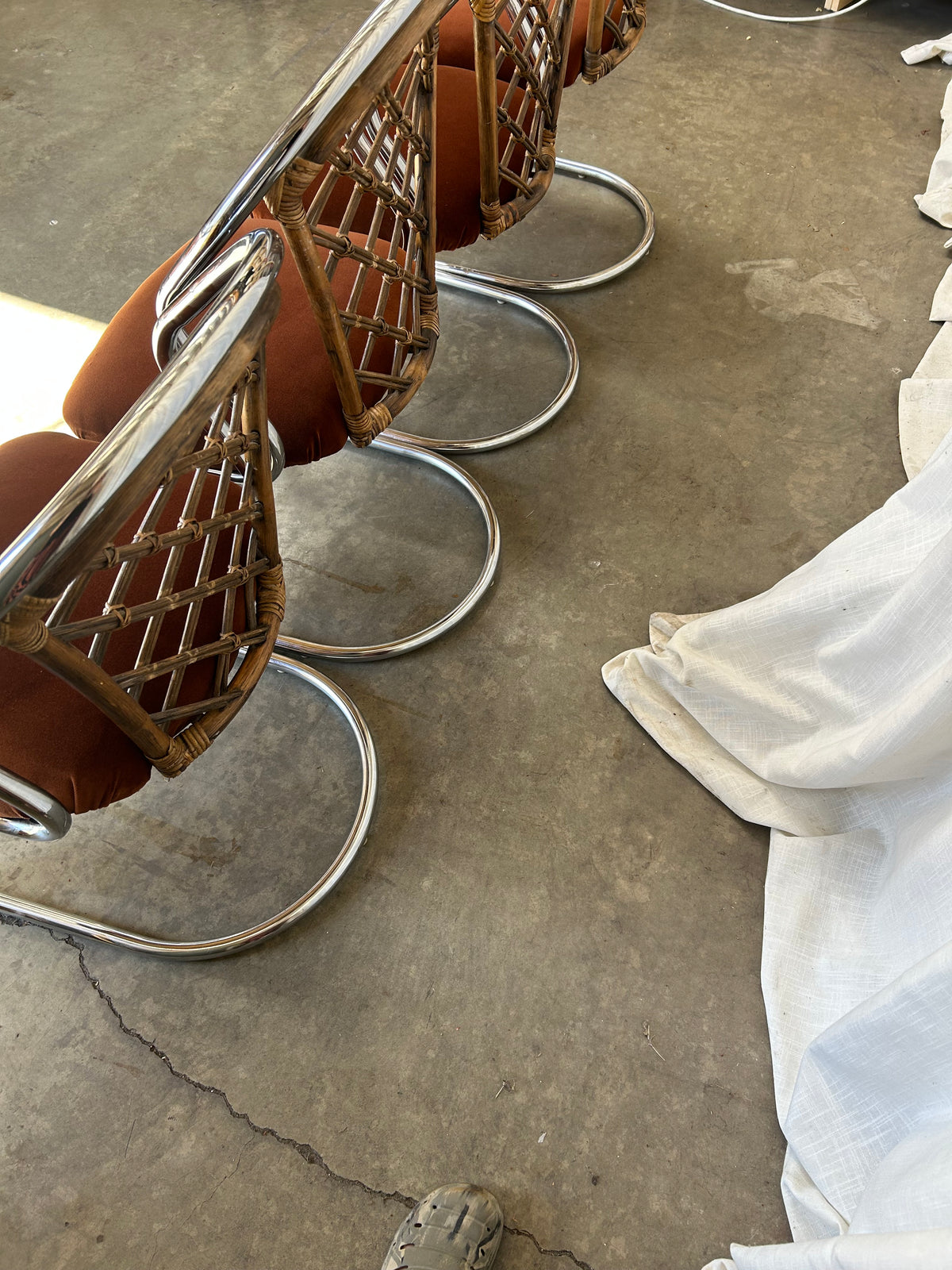 Tubular Chrome Rattan Velvet Cantilever Dining Chairs, Circa 1970s, Set of 4