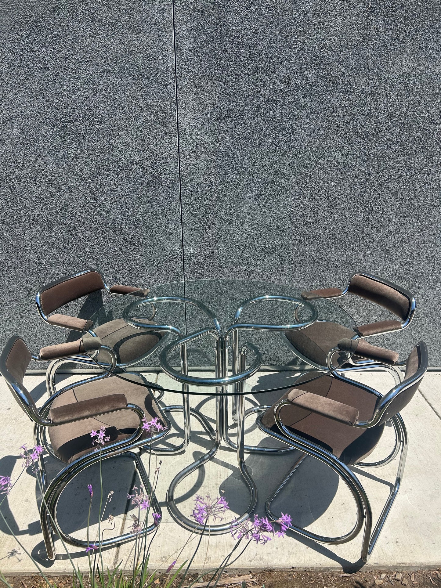 Italian Tubular Chrome Velvet Upholstered Dining Set with Glass Top, Circa 1970s