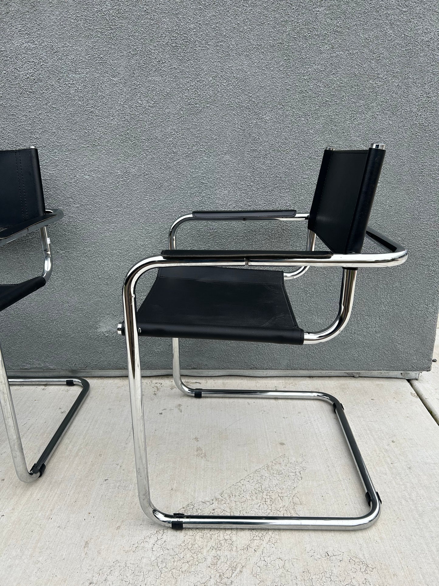 Mart Stam Marcel Breuer S34 Style Bauhaus Cantilever Chrome Black Leather Dining Armchairs, Made in Italy - Set of 4