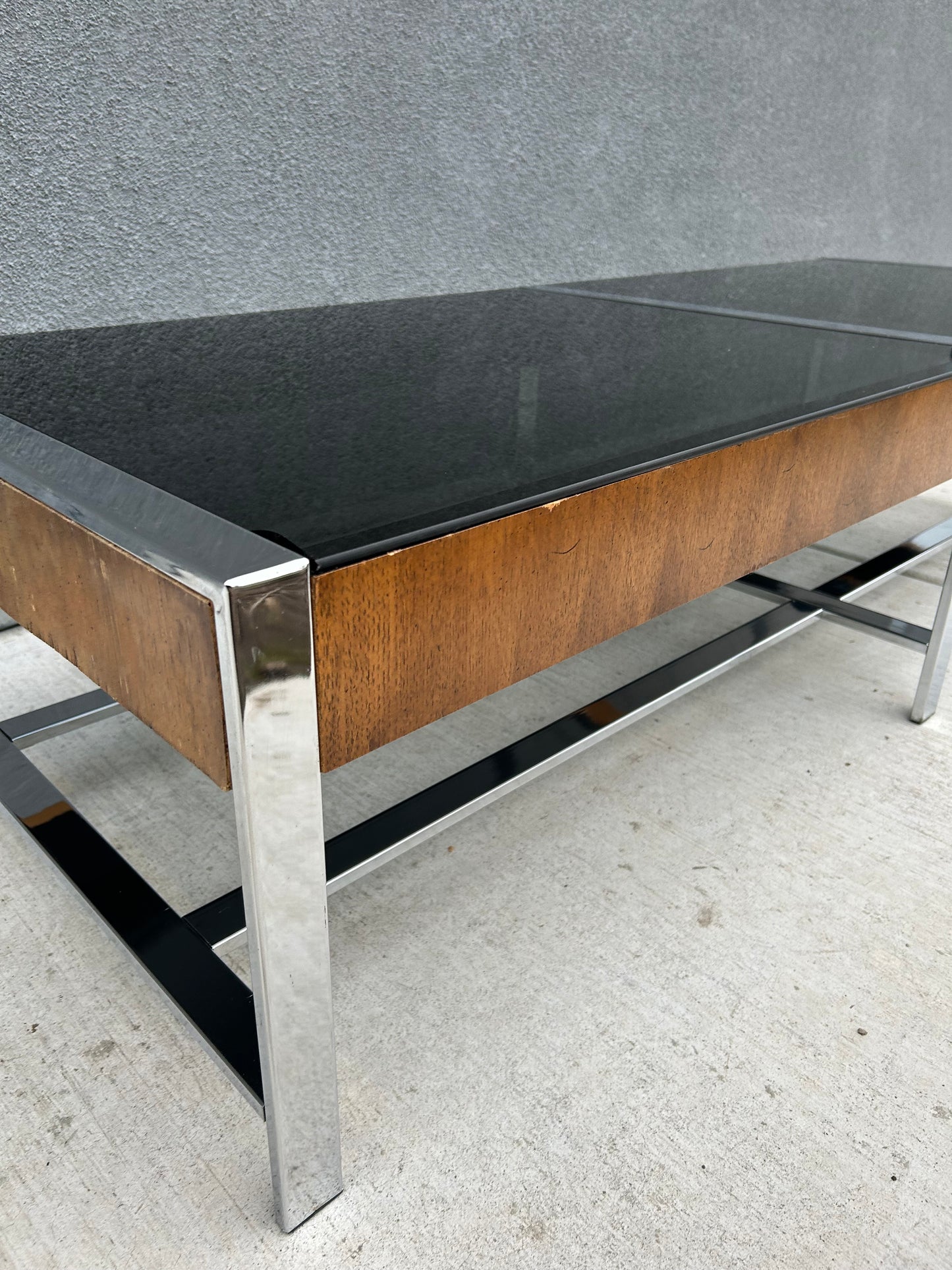 Mid Century Walnut Chrome and Smoked Glass Coffee Table