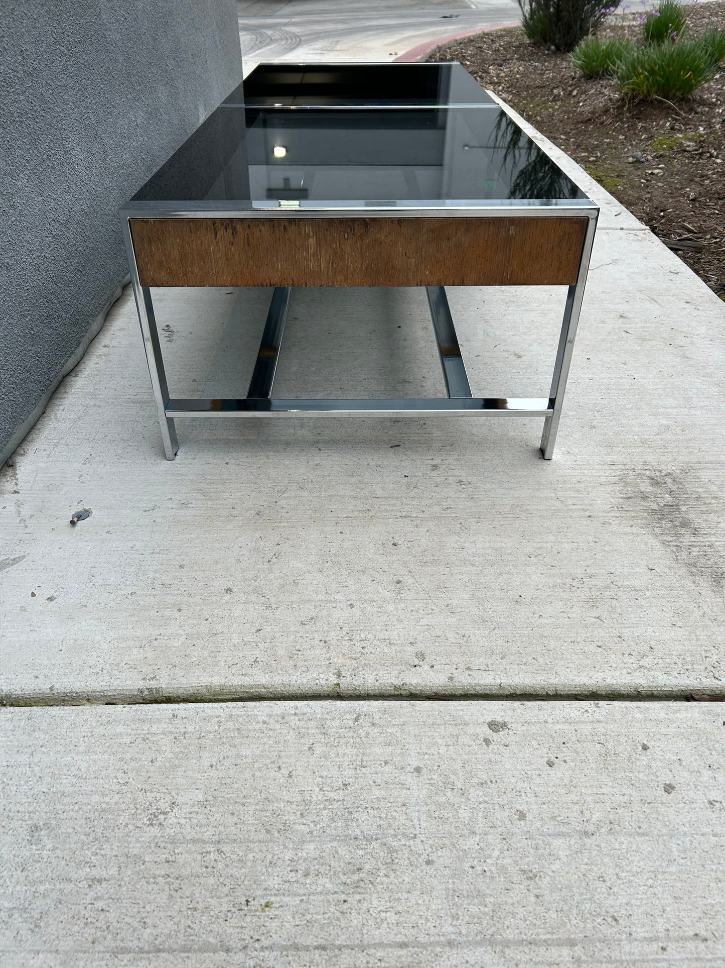 Mid Century Walnut Chrome and Smoked Glass Coffee Table