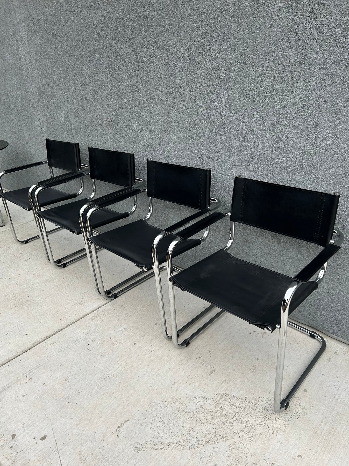 Mart Stam Marcel Breuer S34 Style Bauhaus Cantilever Chrome Black Leather Dining Armchairs, Made in Italy - Set of 4