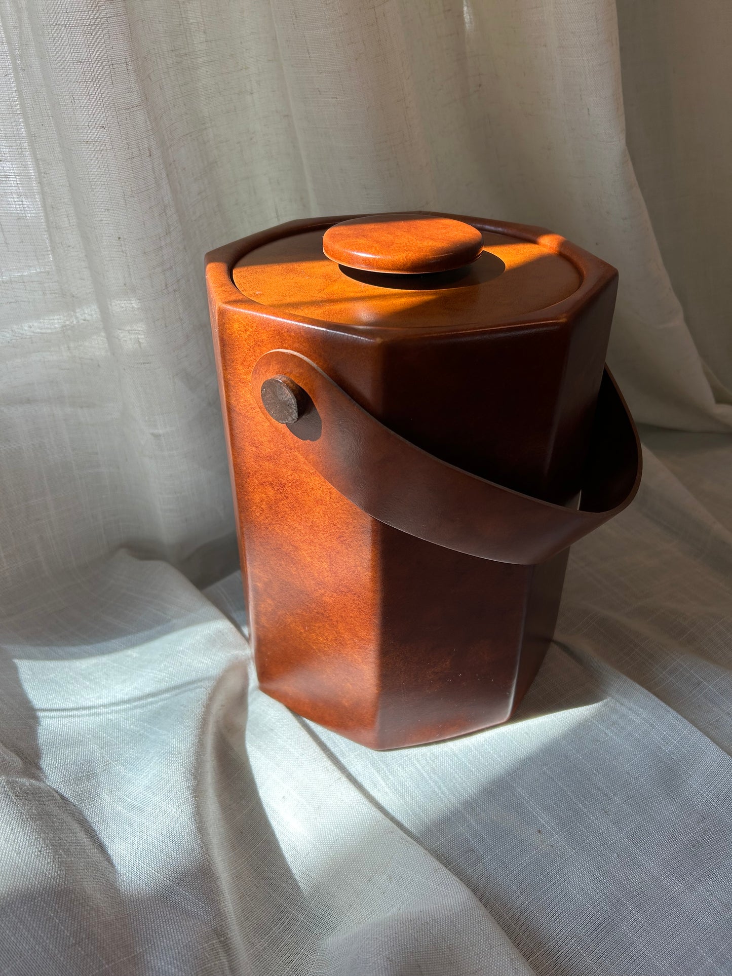 Vintage Kraftware Brown Faux Leather Ice Bucket with Lid & Handle