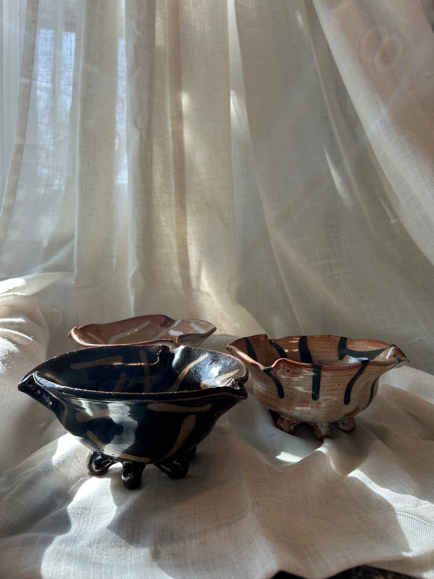 Set of 3 Handmade Ceramic Footed Bowls