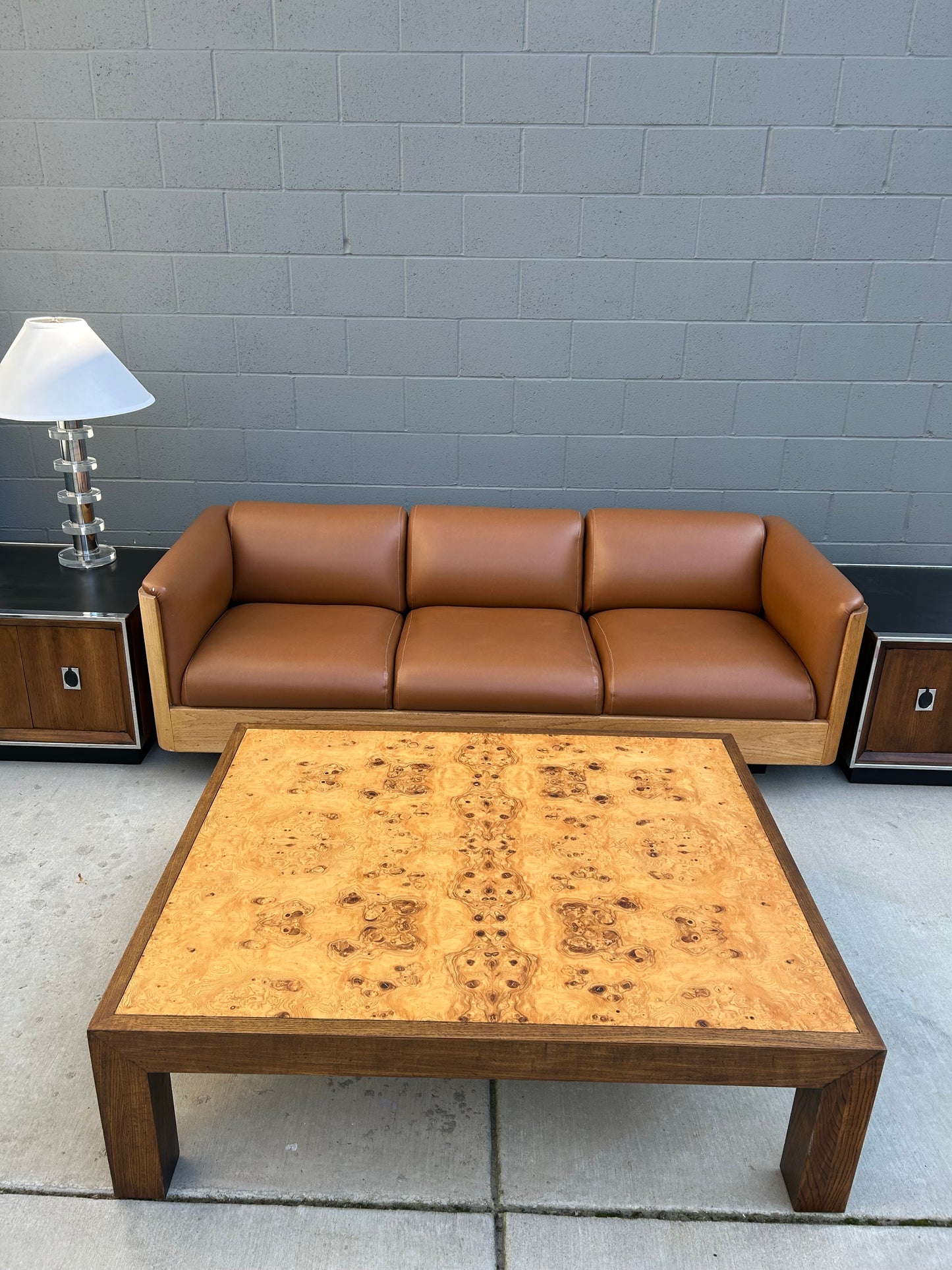 Large Mappa Burl and Oak Parsons Coffee Table, circa 1970s