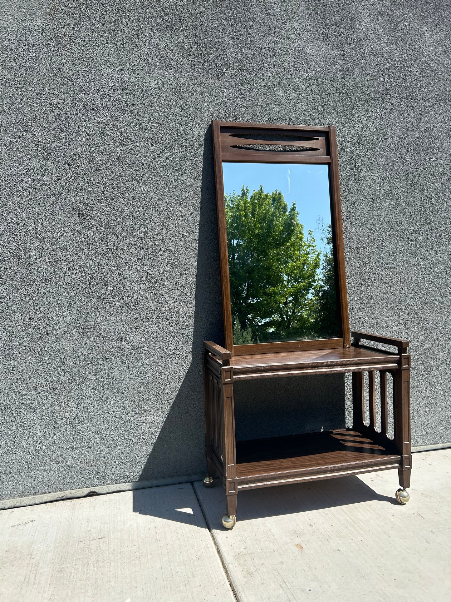 MCM Walnut Vinyl Cart and Mirror Set, Circa 1970s