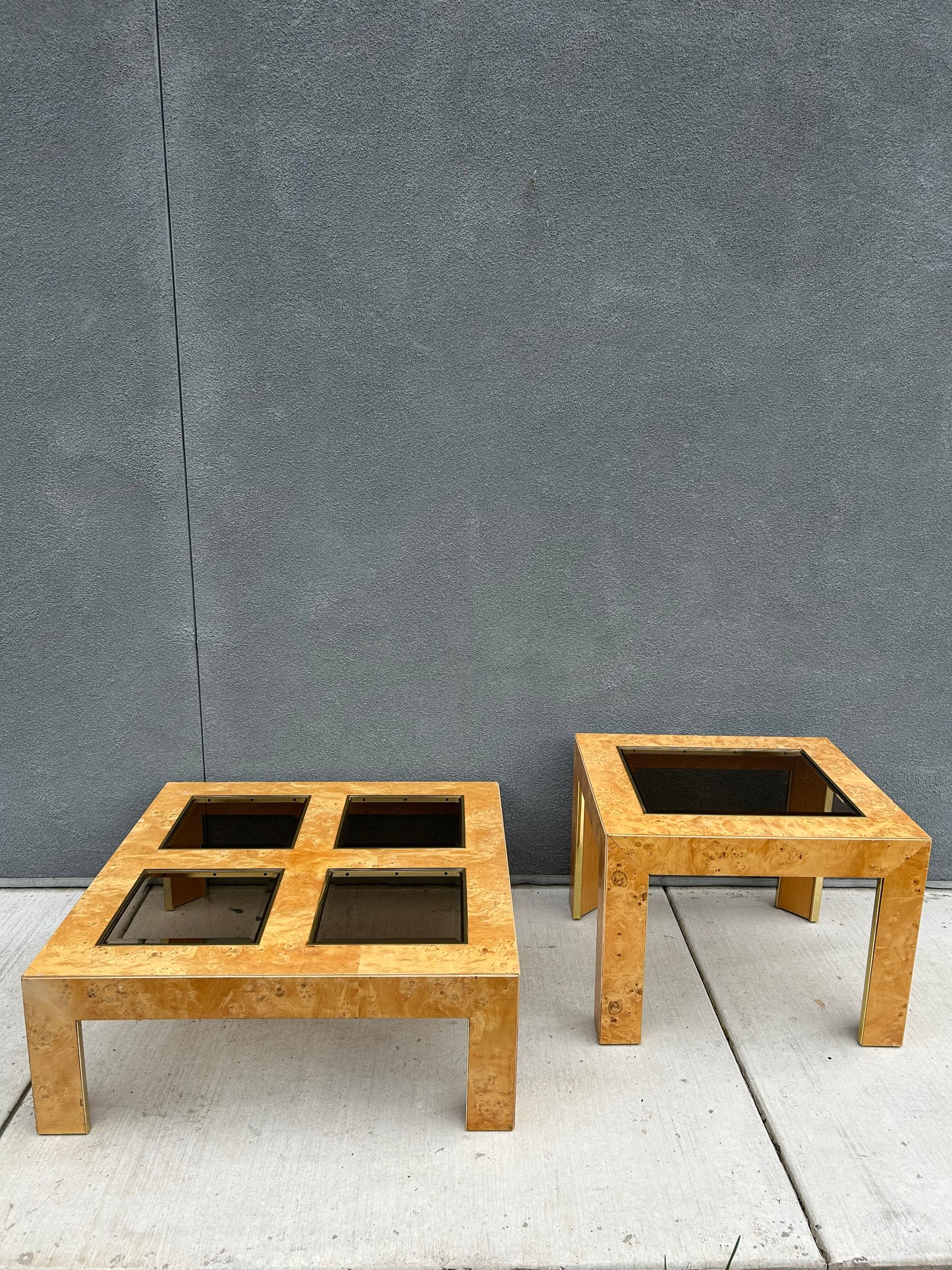 Mid Century Modern Burl Wood Veneer Smoked Glass and Gold Coffee Table by Thomasville