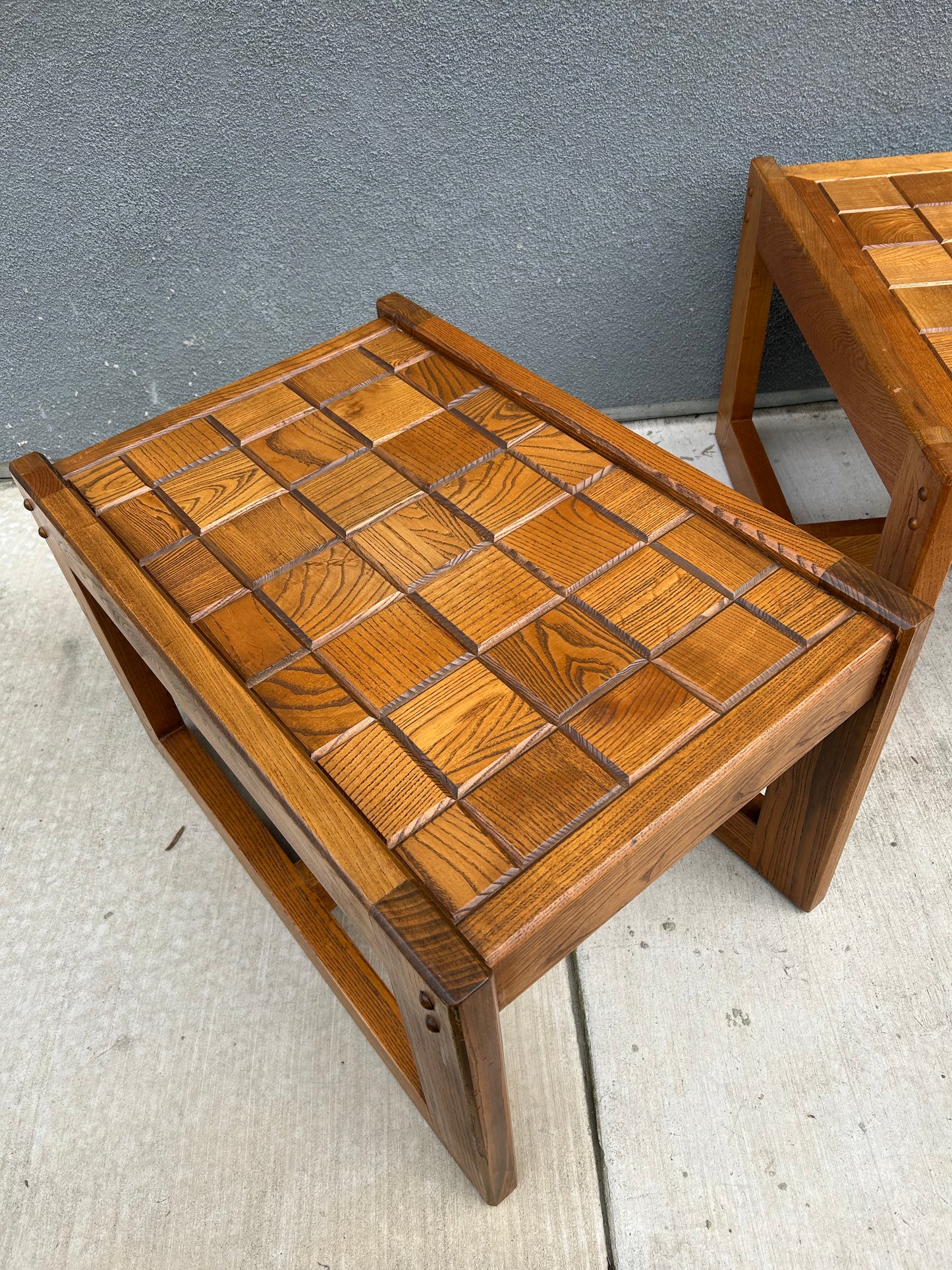 2 Vintage Checkered Oak Side or Coffee Tables
