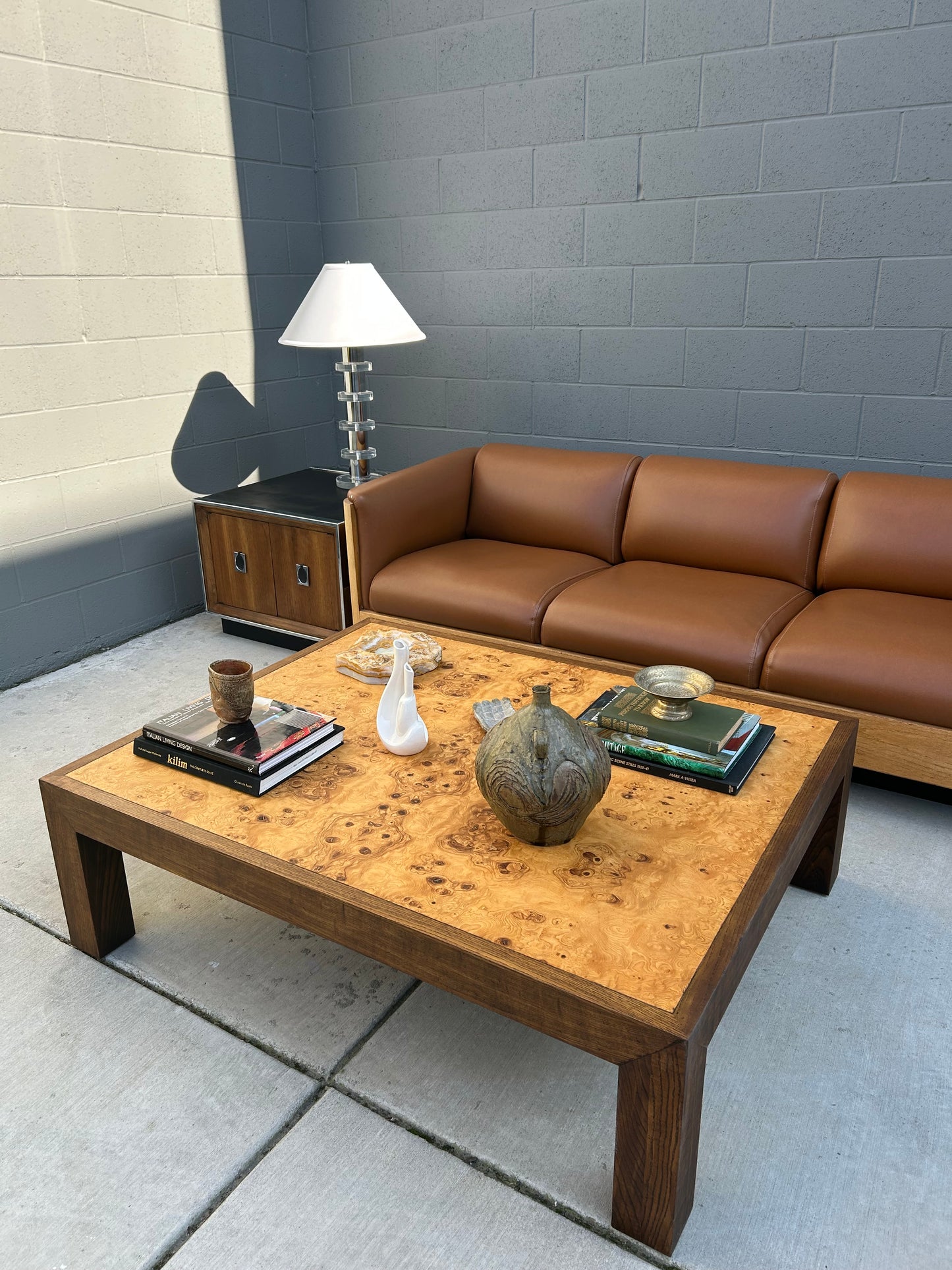 Large Mappa Burl and Oak Parsons Coffee Table, circa 1970s
