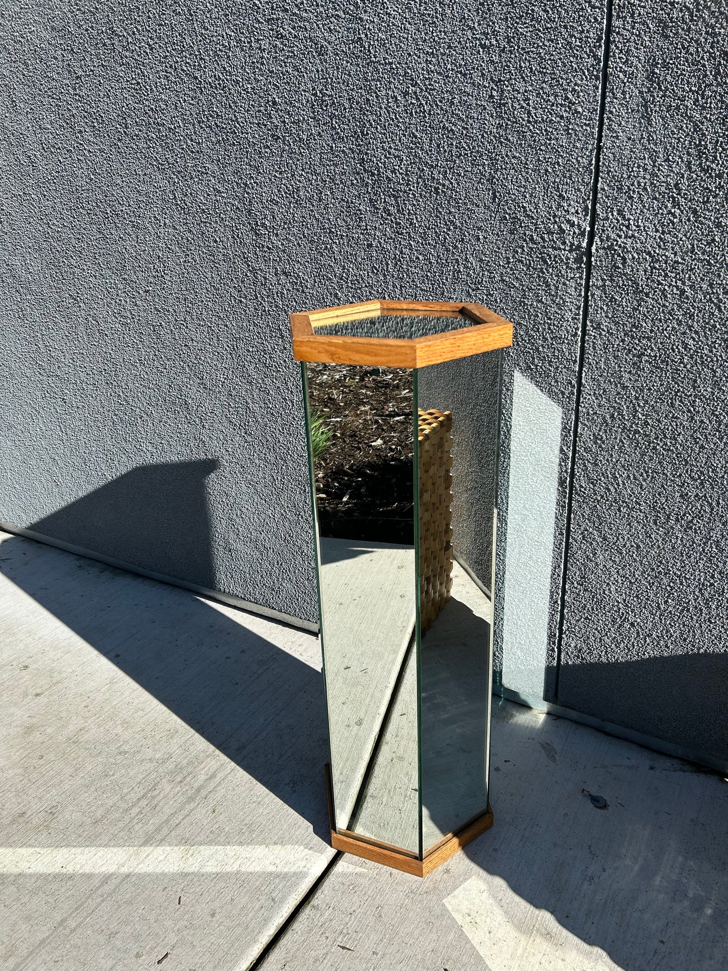 Mirrored Post Modern Hexagonal Glass and Oak Pedestal, circa 1980s