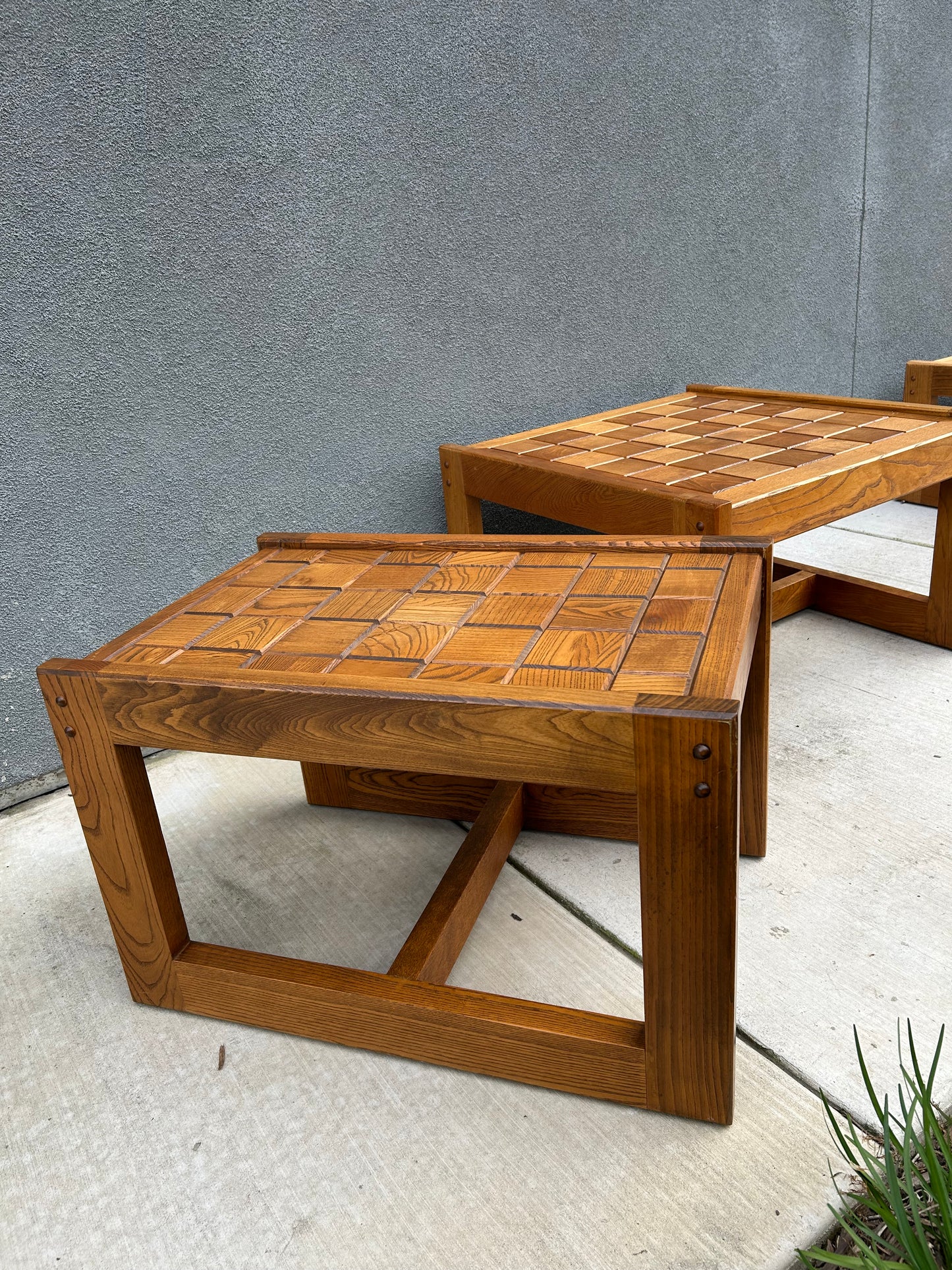 2 Vintage Checkered Oak Side or Coffee Tables