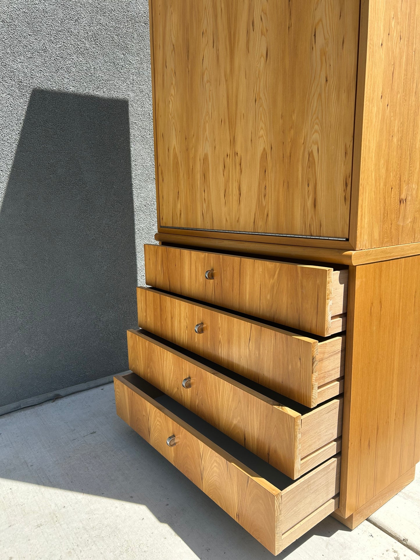 Vintage Postmodern 4-Drawer Blonde Pecan Dresser w/ Modular Hutch Craft Table, Circa 1980s