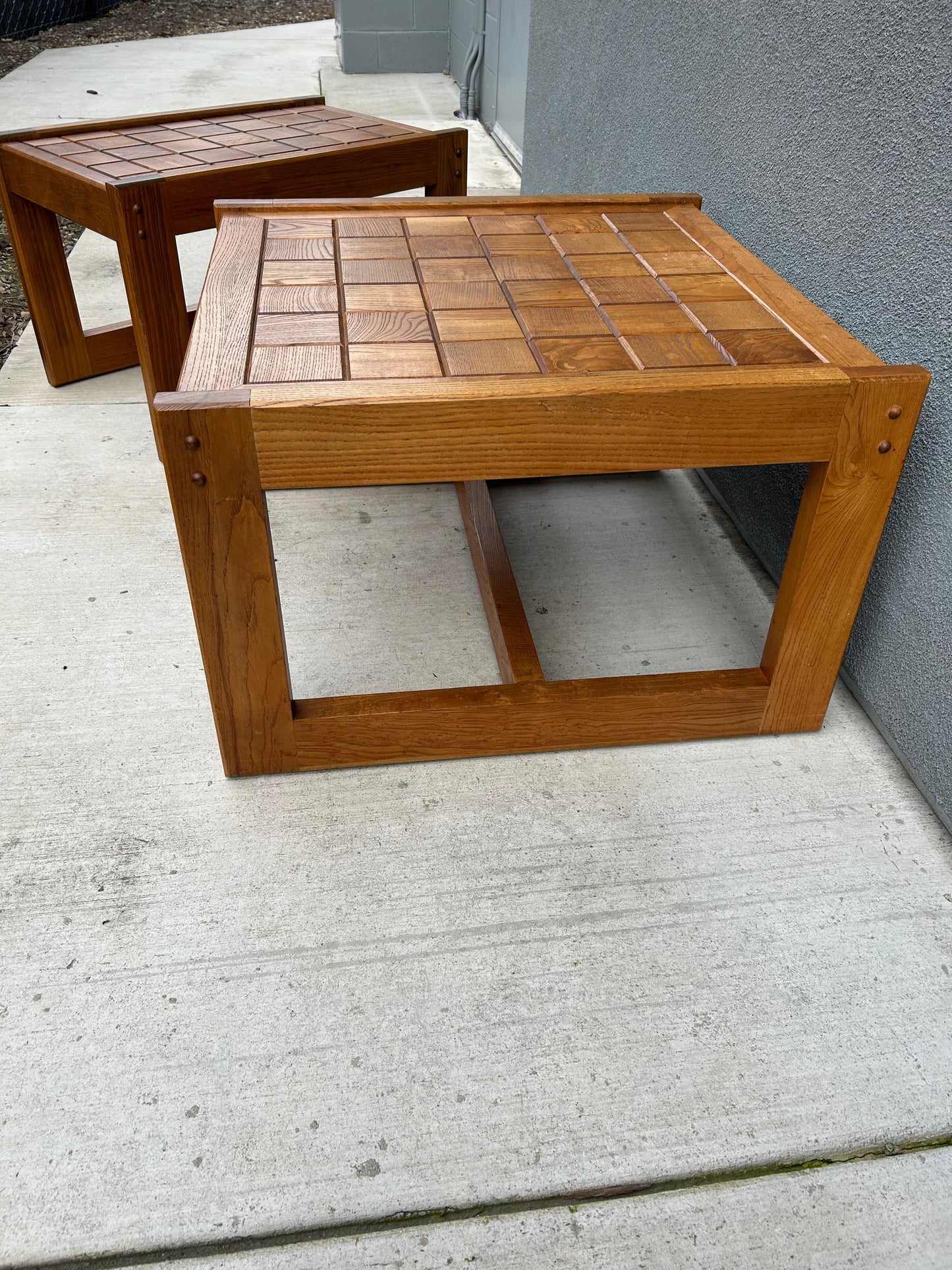 2 Vintage Checkered Oak Side or Coffee Tables
