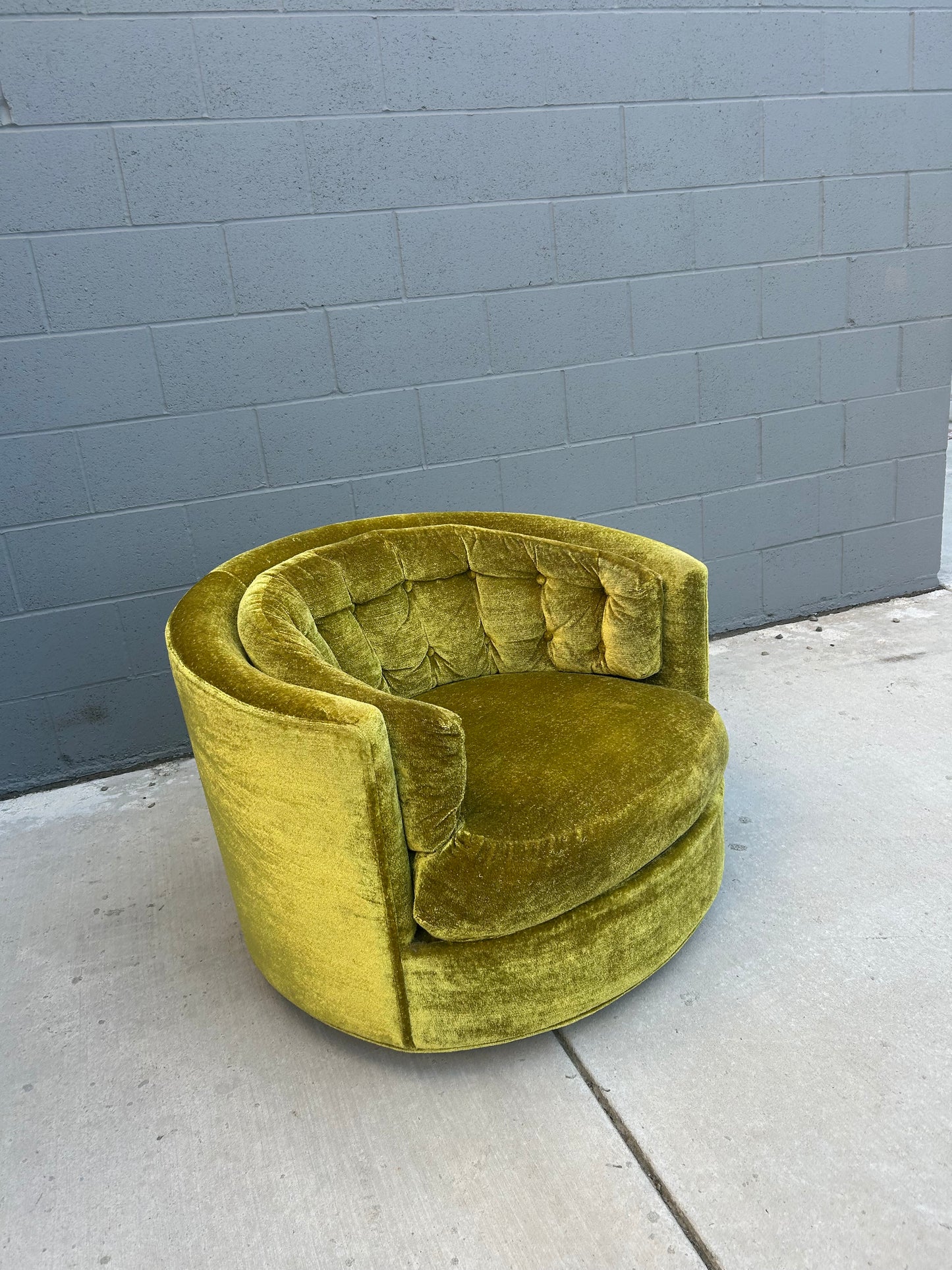 MCM Green Chenille Swivel Barrel Chair in the Style of Milo Baughman
