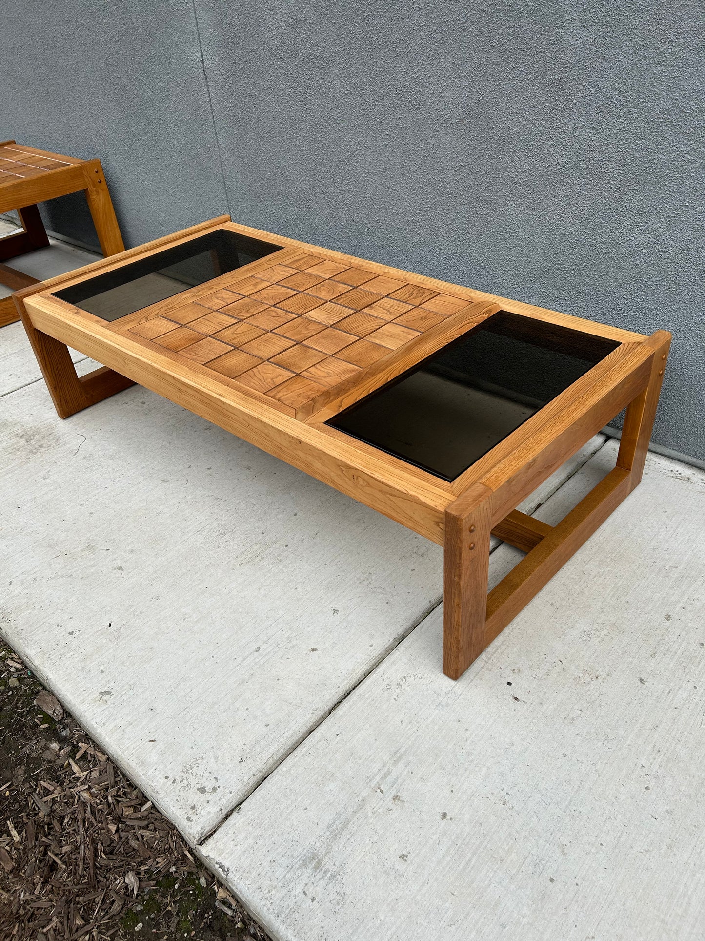 Large Vintage Checkered Oak Coffee Table with Smokey Grey Glass