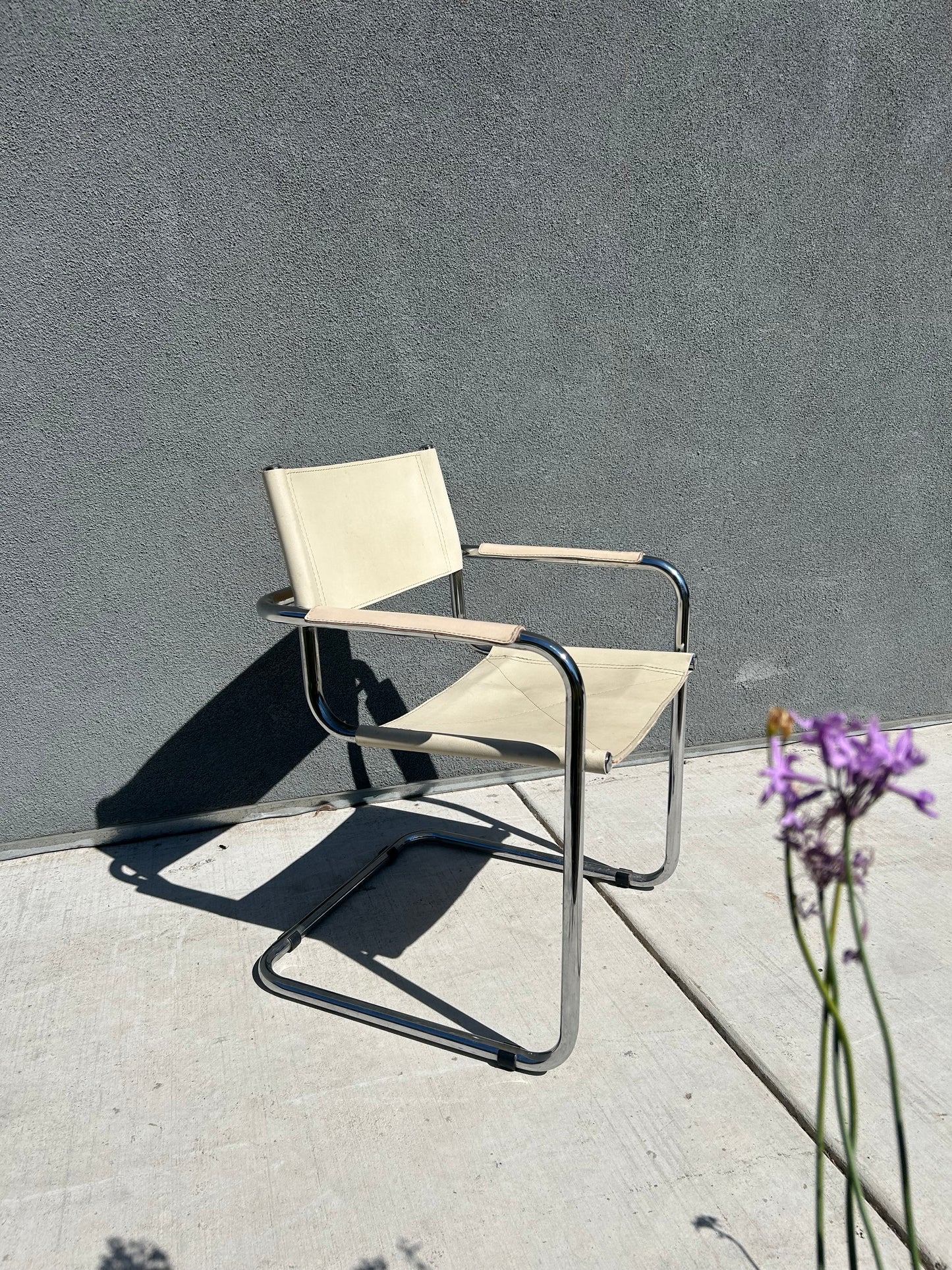 Marcel Breuer Style Beige Leather Tubular Chrome Chair, Circa 1970s