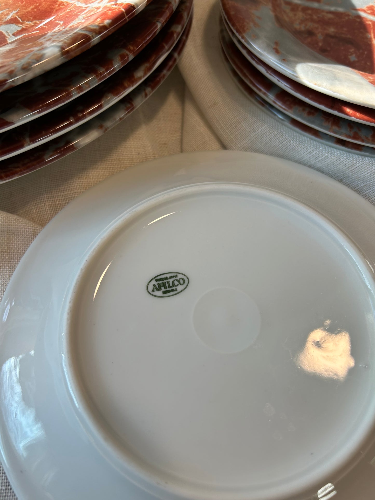 (5) Vintage Apilco France Faux Marble Salad Plates, 7.5" D, & (4) Dinner Plates 9.5” D, Pristine Condition