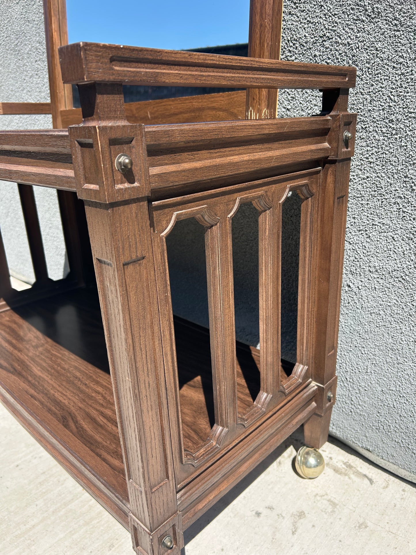 MCM Walnut Vinyl Cart and Mirror Set, Circa 1970s