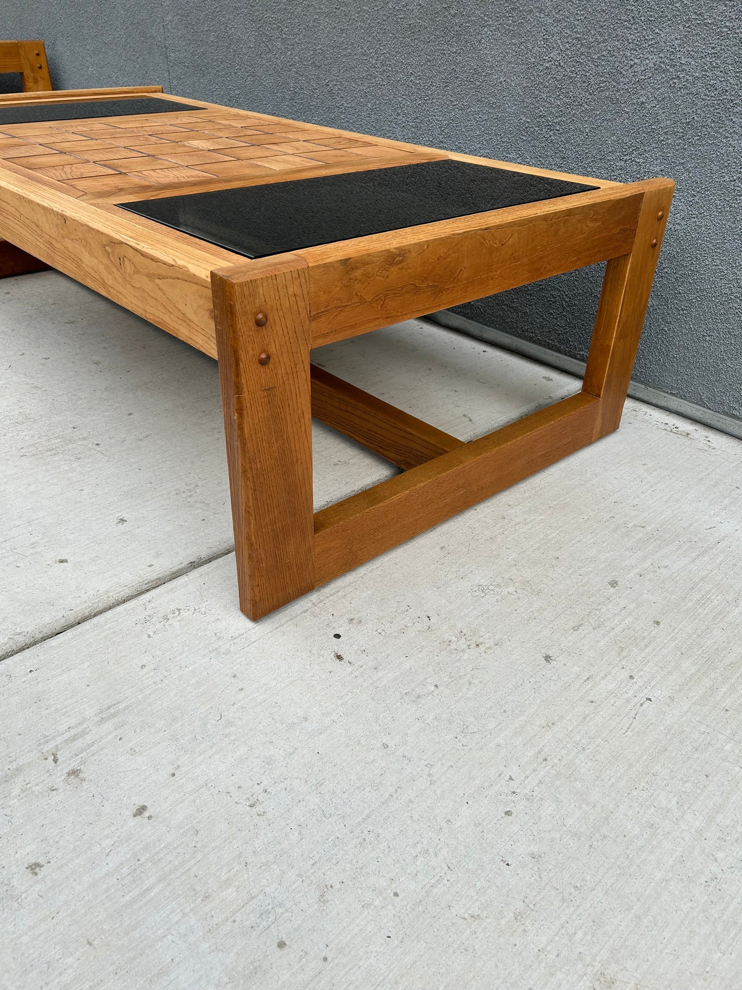 Large Vintage Checkered Oak Coffee Table with Smokey Grey Glass