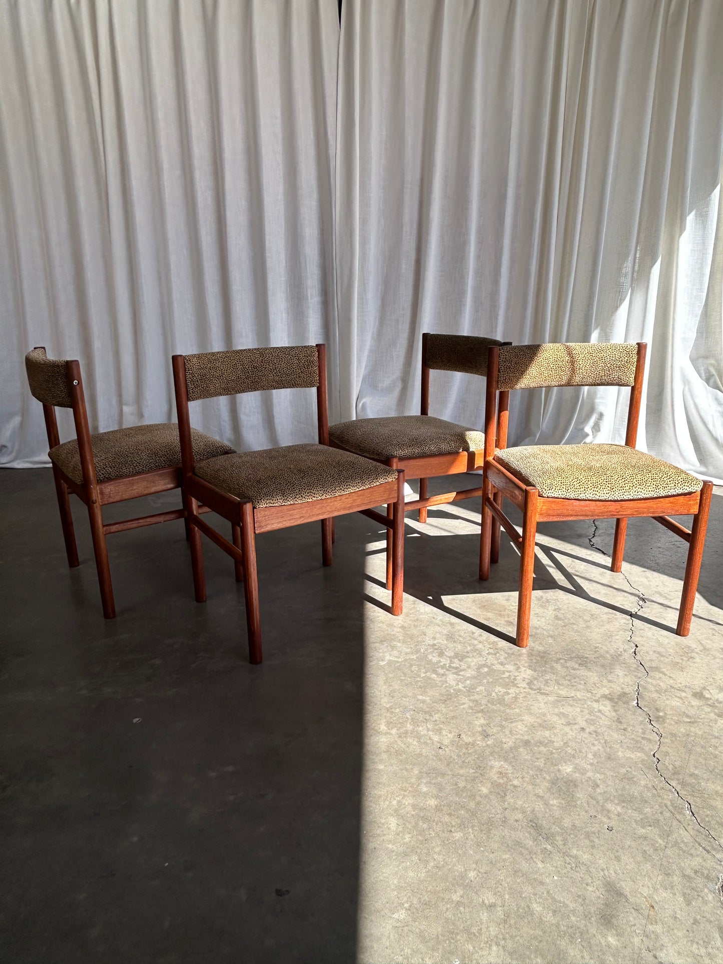 Vintage Danish Style Teak Dining Chairs with New Chenille Upholstery, Set of 4